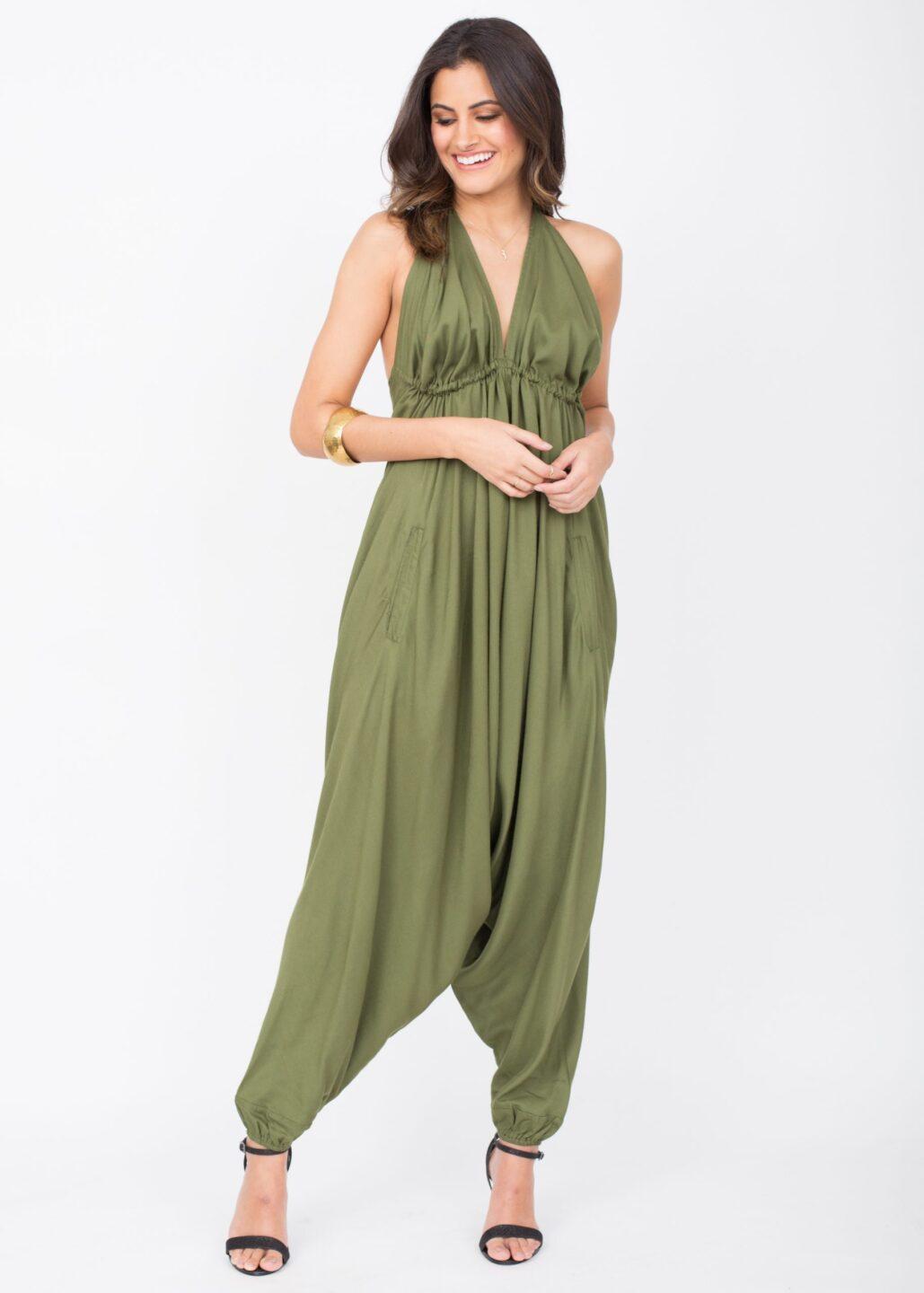 Halter Harem Romper Jumpsuit Olive Green - likemary