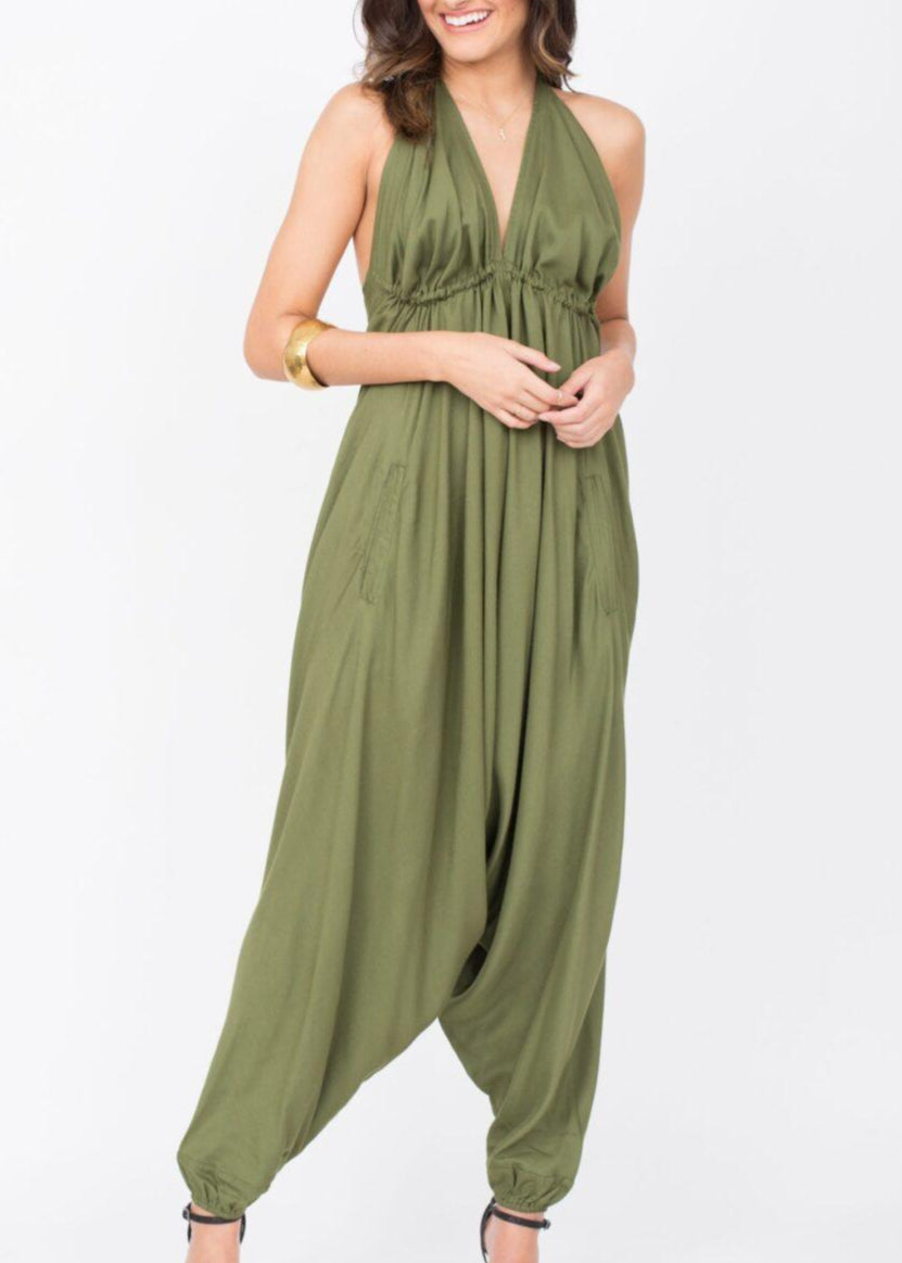 Halter Harem Romper Jumpsuit Olive Green - likemary