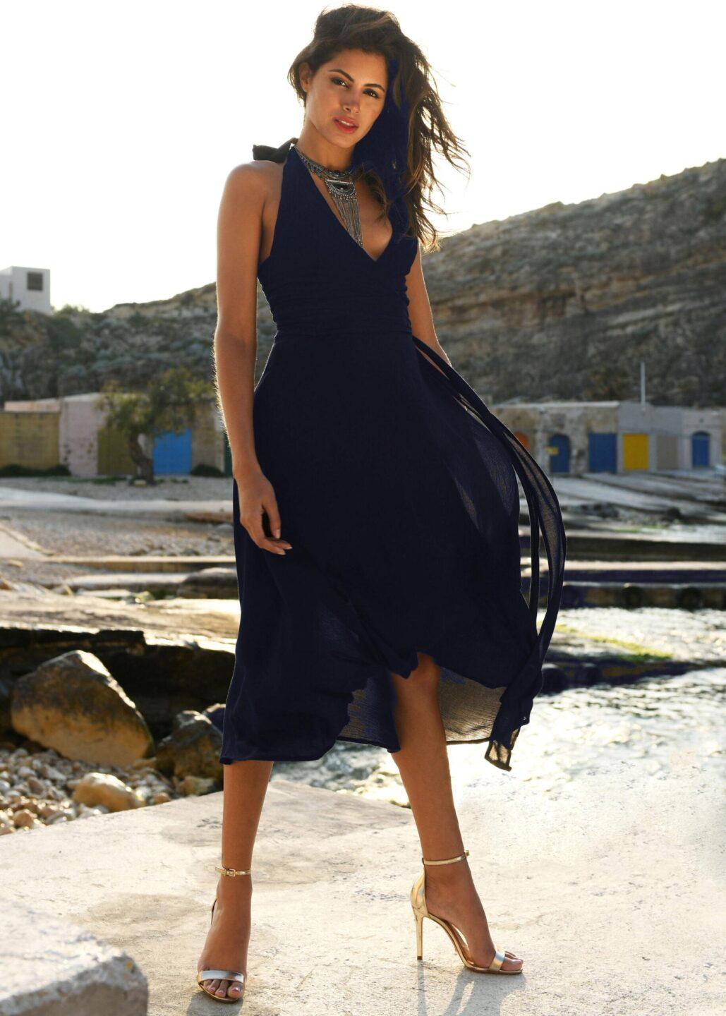 Halter Wrap Dress Navy Blue - likemary