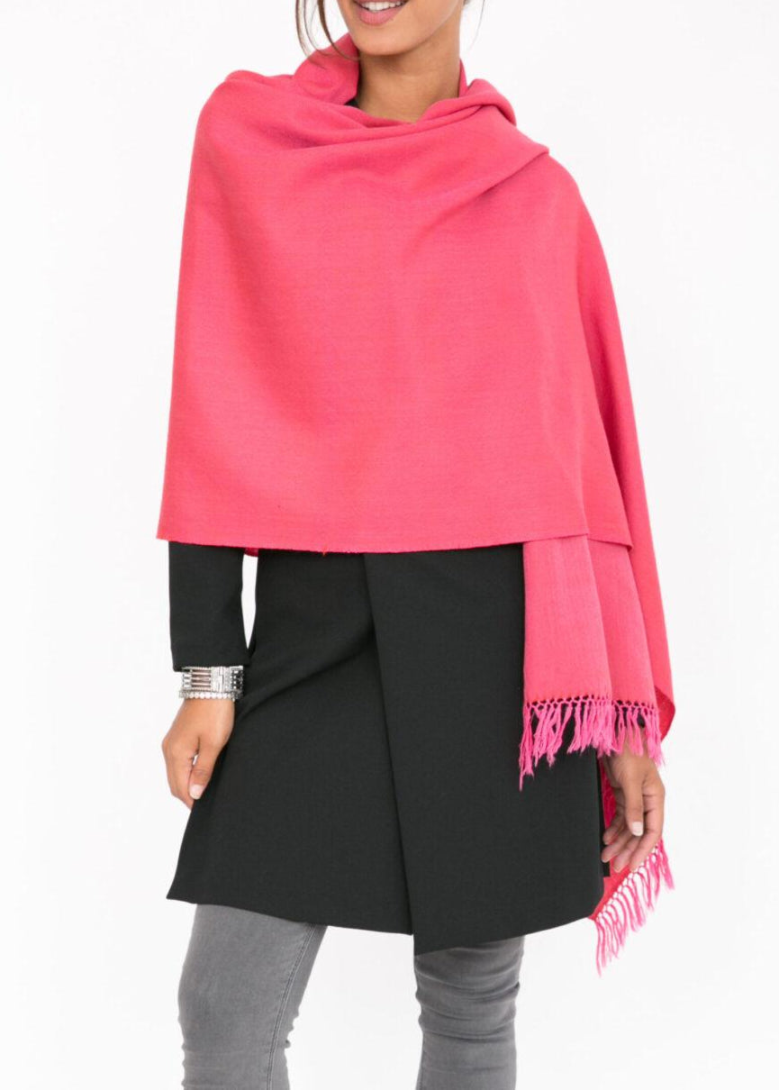 Handloom Merino Wool Herringbone Pashmina Scarf in Coral Pink Mix - likemary