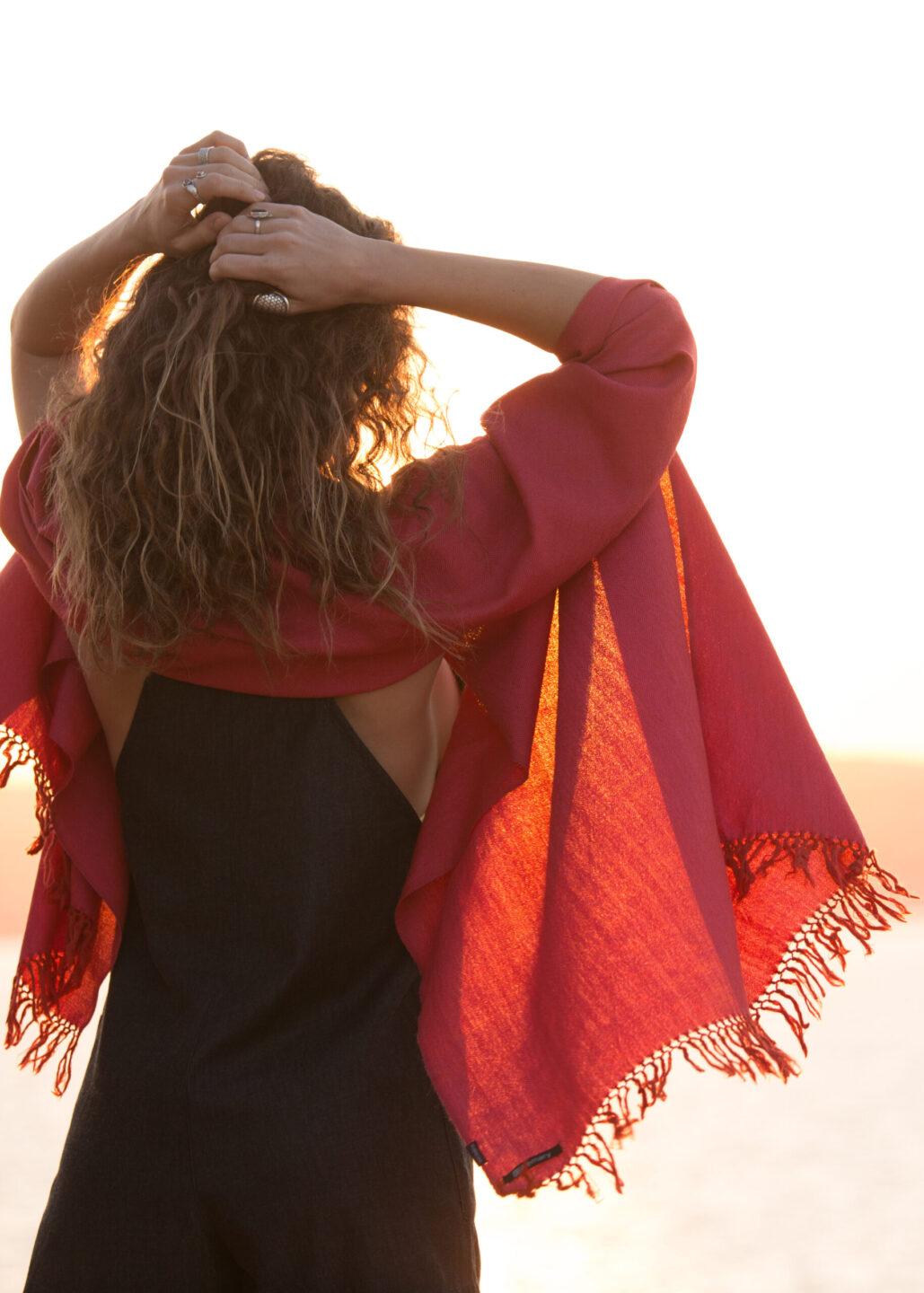 Handloom Merino Wool Herringbone Pashmina Scarf in Orange - Pink Mix - likemary