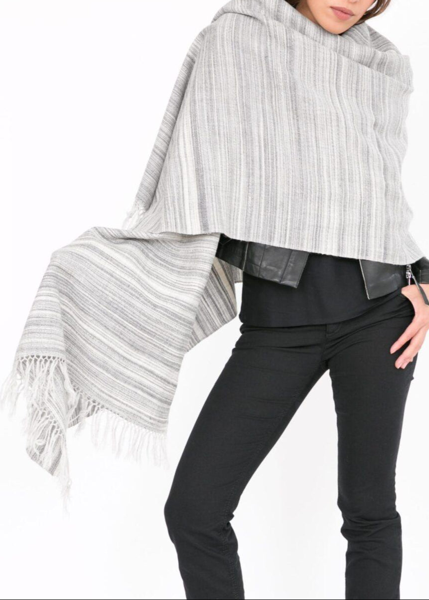 Handspun Merino Wool Oversized Blanket Scarf in Stripes Grey - likemary