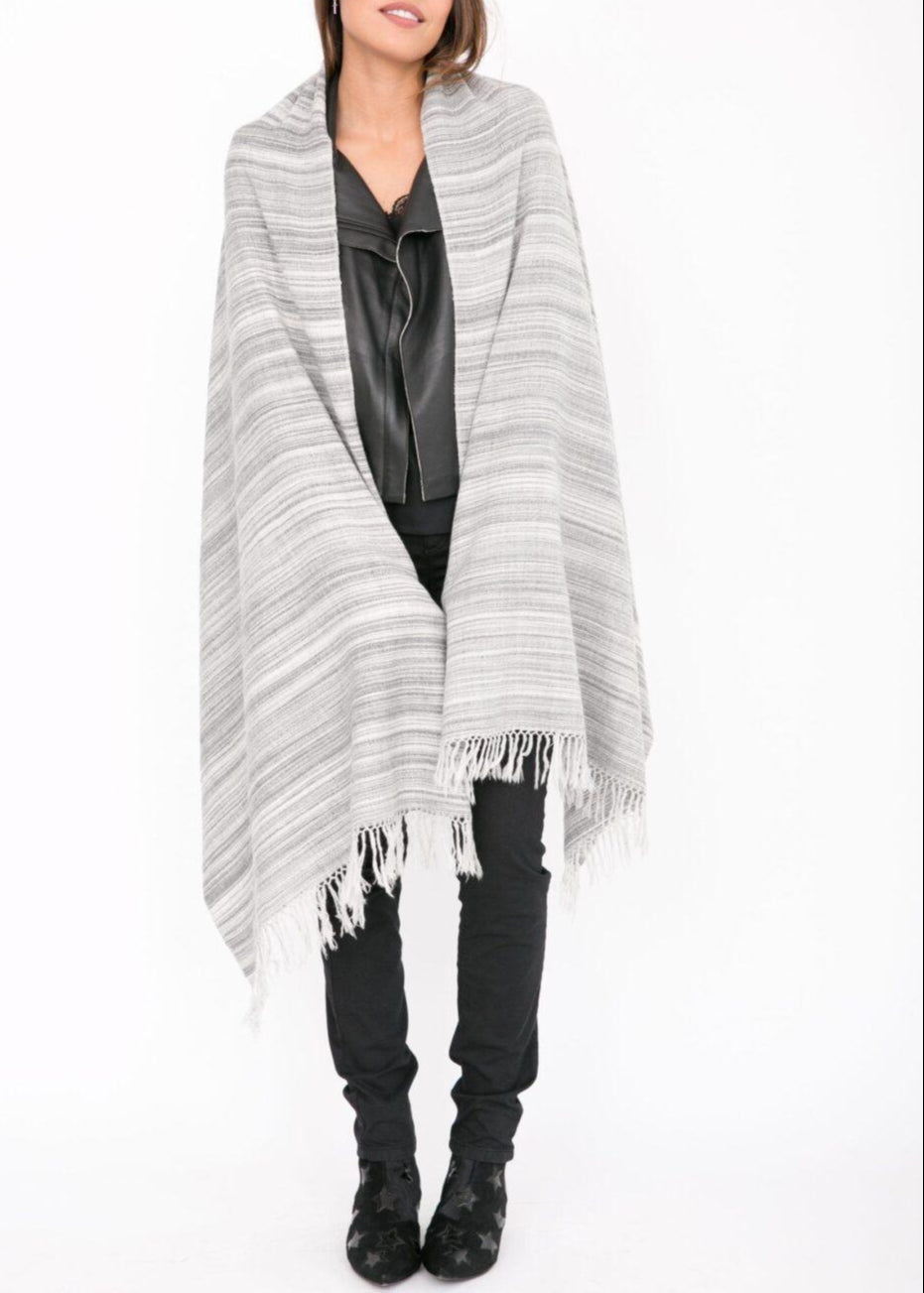 Handspun Merino Wool Oversized Blanket Scarf in Stripes Grey - likemary