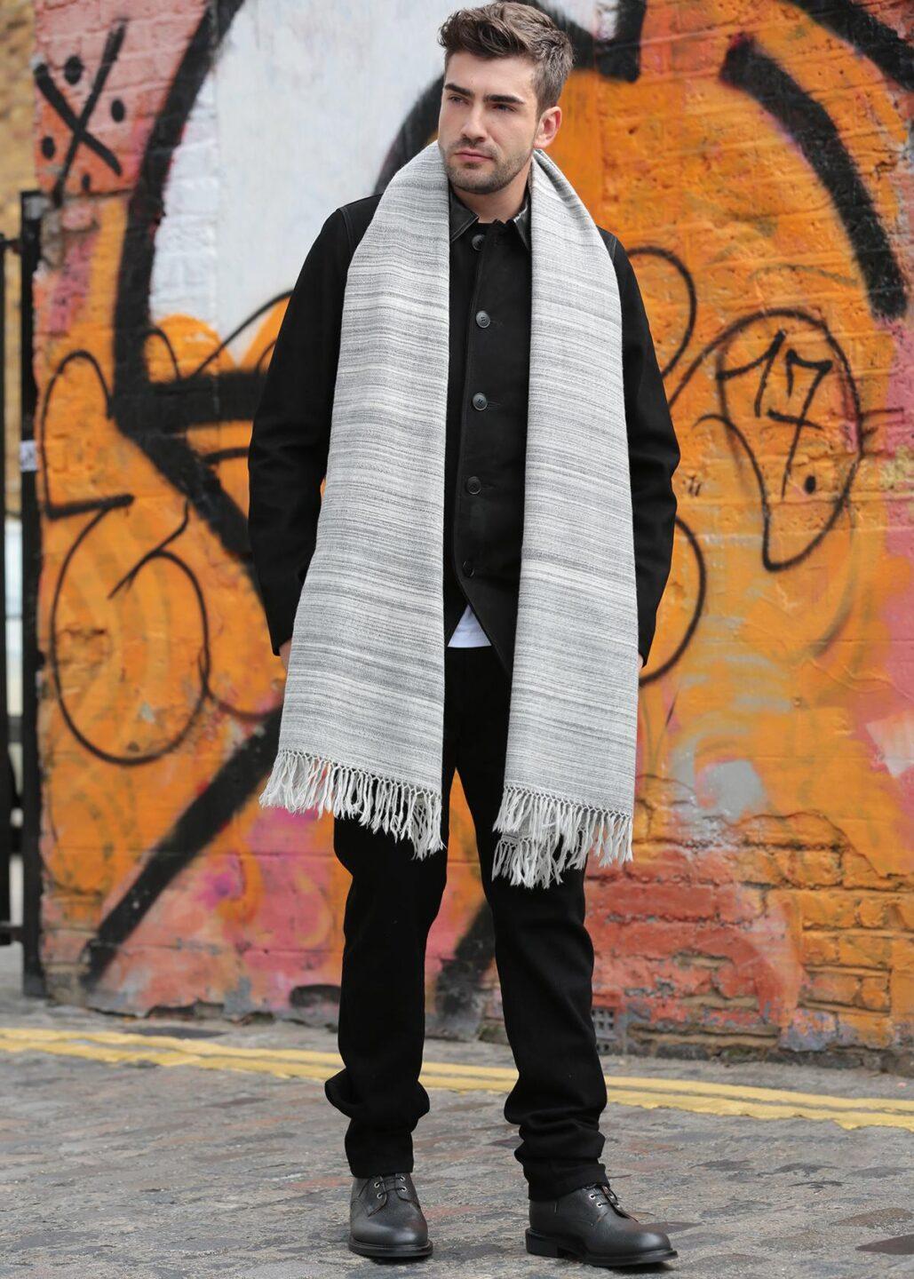 Handspun Merino Wool Oversized Mens Blanket Scarf in Stripes Grey - likemary
