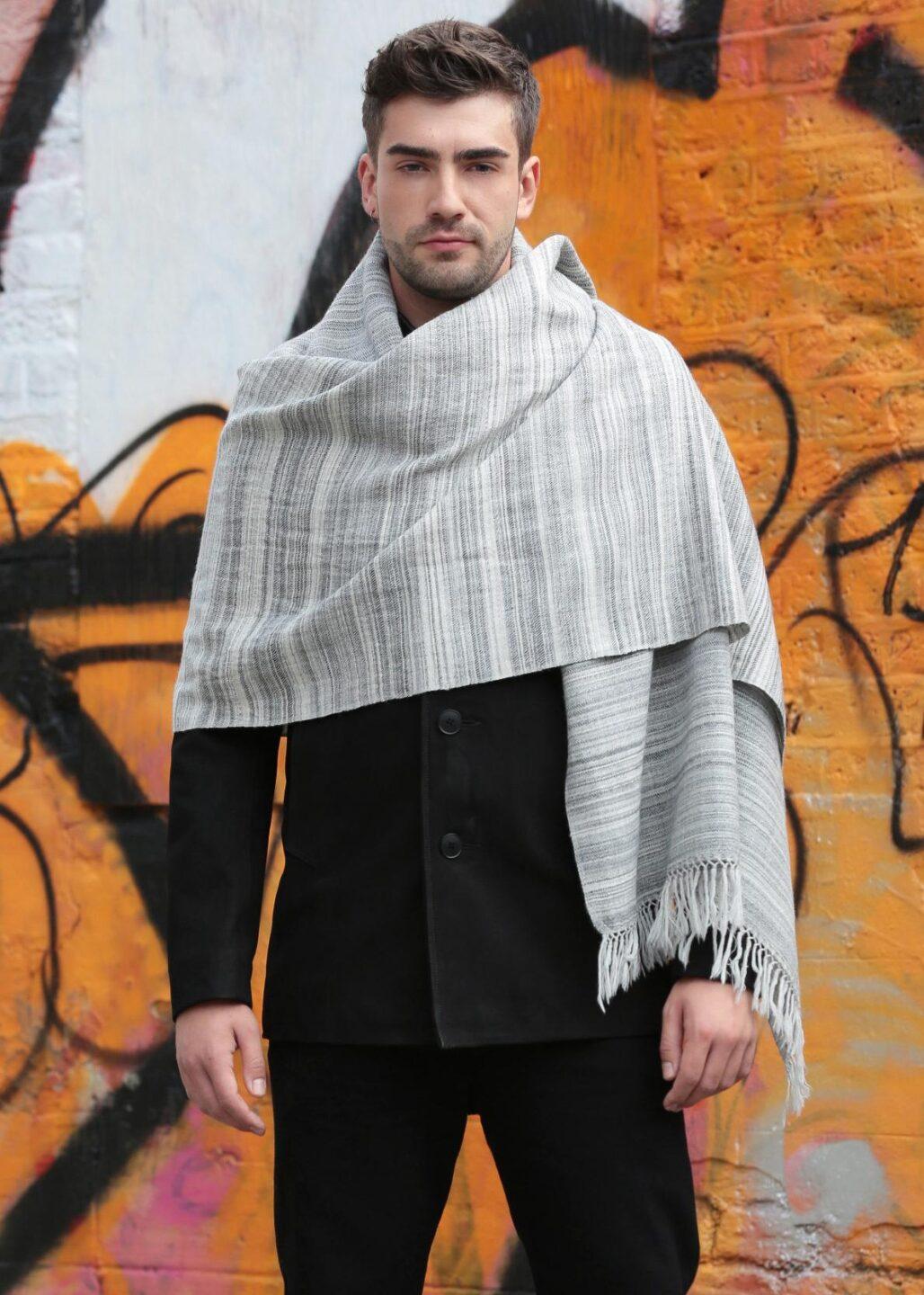 Handspun Merino Wool Oversized Mens Blanket Scarf in Stripes Grey - likemary
