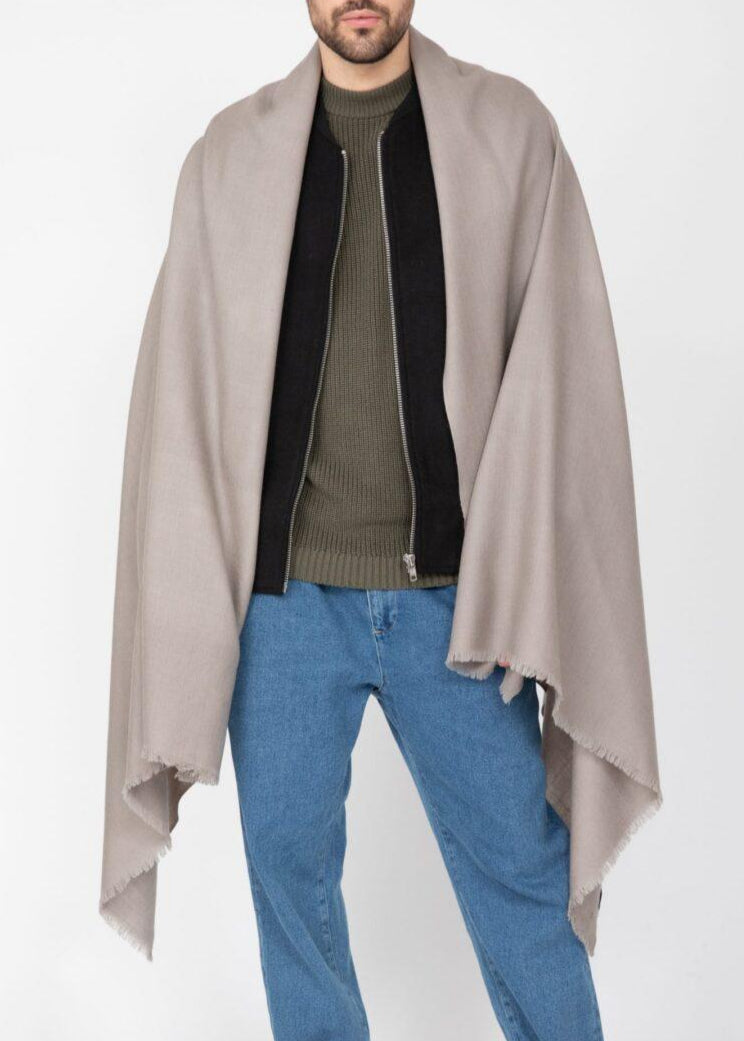 Handwoven Merino Wool Blanket Scarf for Men in Mushroom Beige - likemary