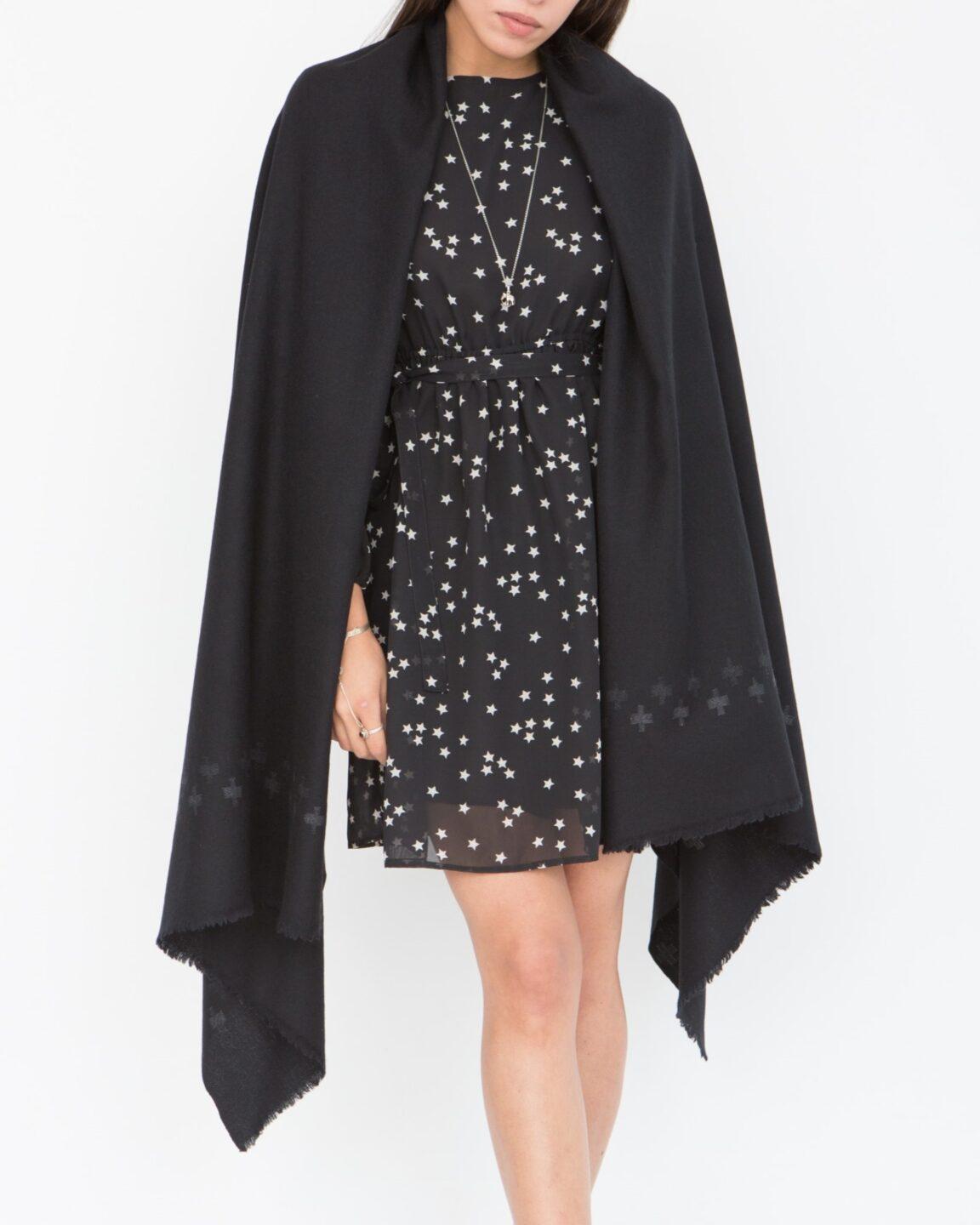 Handwoven Merino Wool Blanket Scarf in Black with Cross Motif - likemary