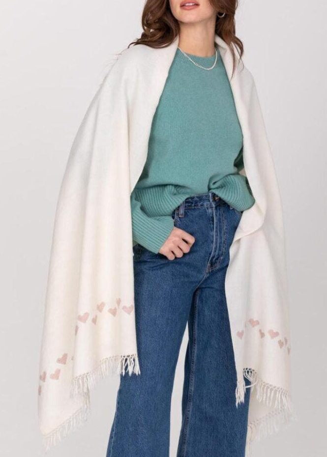 oversized cream shawl with love heart pattern in merino wool, sustainable and ethically handmade gift