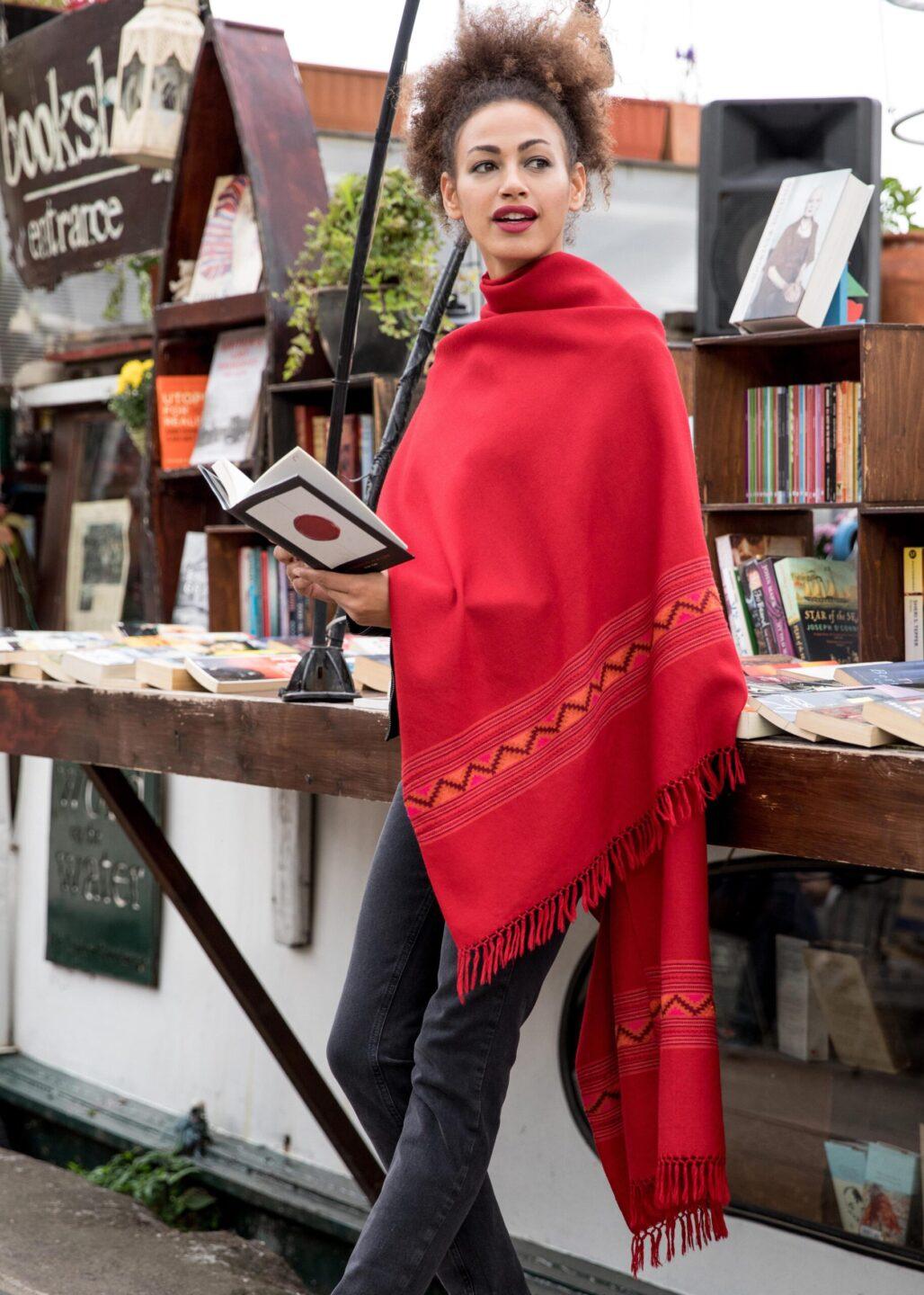 Handwoven Merino Wool Blanket Scarf with Himalaya Border in Red - likemary