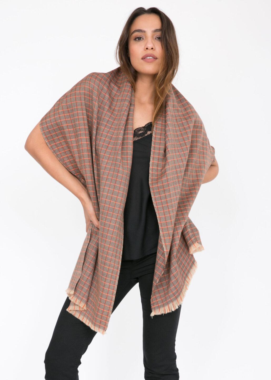 Handwoven Merino Wool Diamond Checks Scarf in Orange - likemary