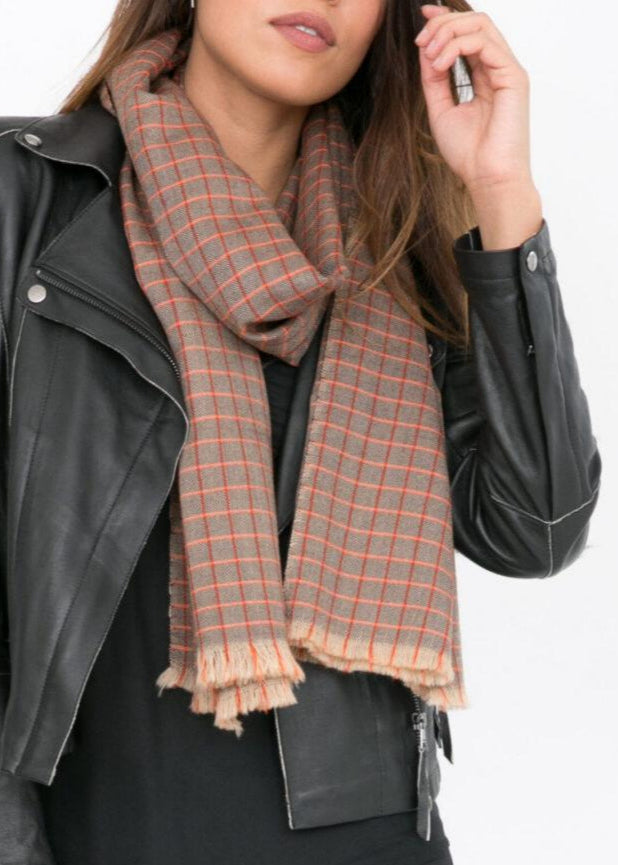Handwoven Merino Wool Diamond Checks Scarf in Orange - likemary
