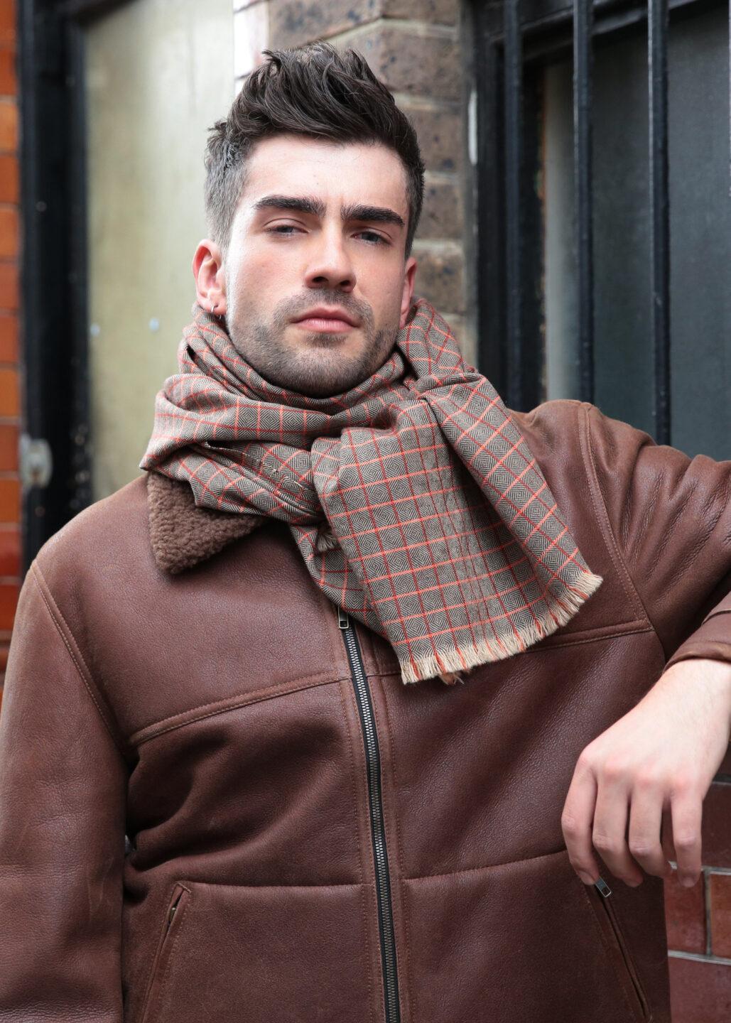 Handwoven Merino Wool Mens Diamond Checks Scarf Orange - likemary