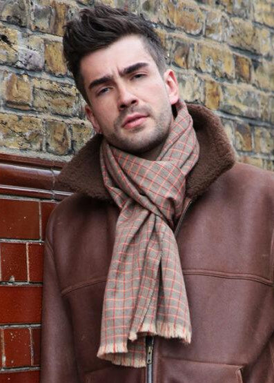 Handwoven Merino Wool Mens Diamond Checks Scarf Orange - likemary