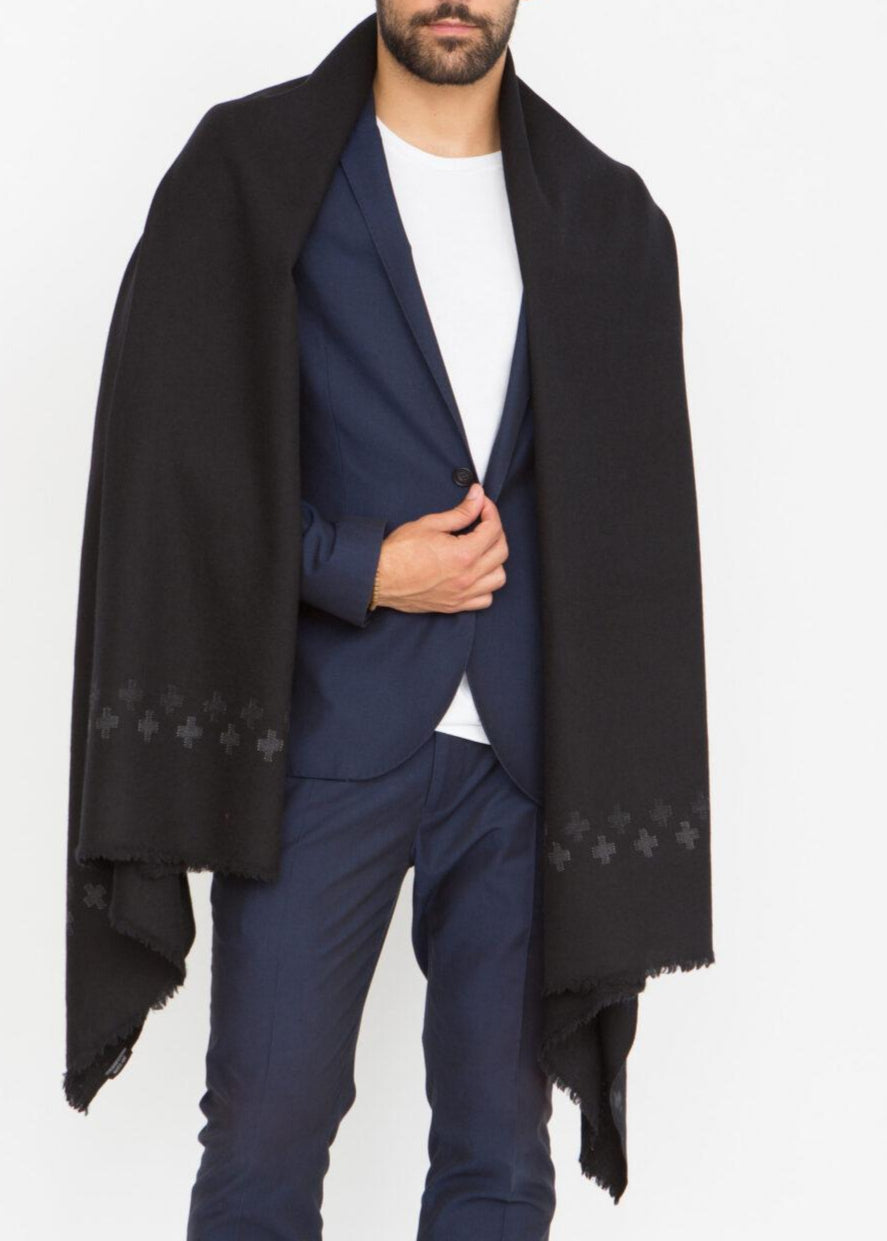 Handwoven Merino Wool Oversize Scarf in Black with Cross Motif - likemary