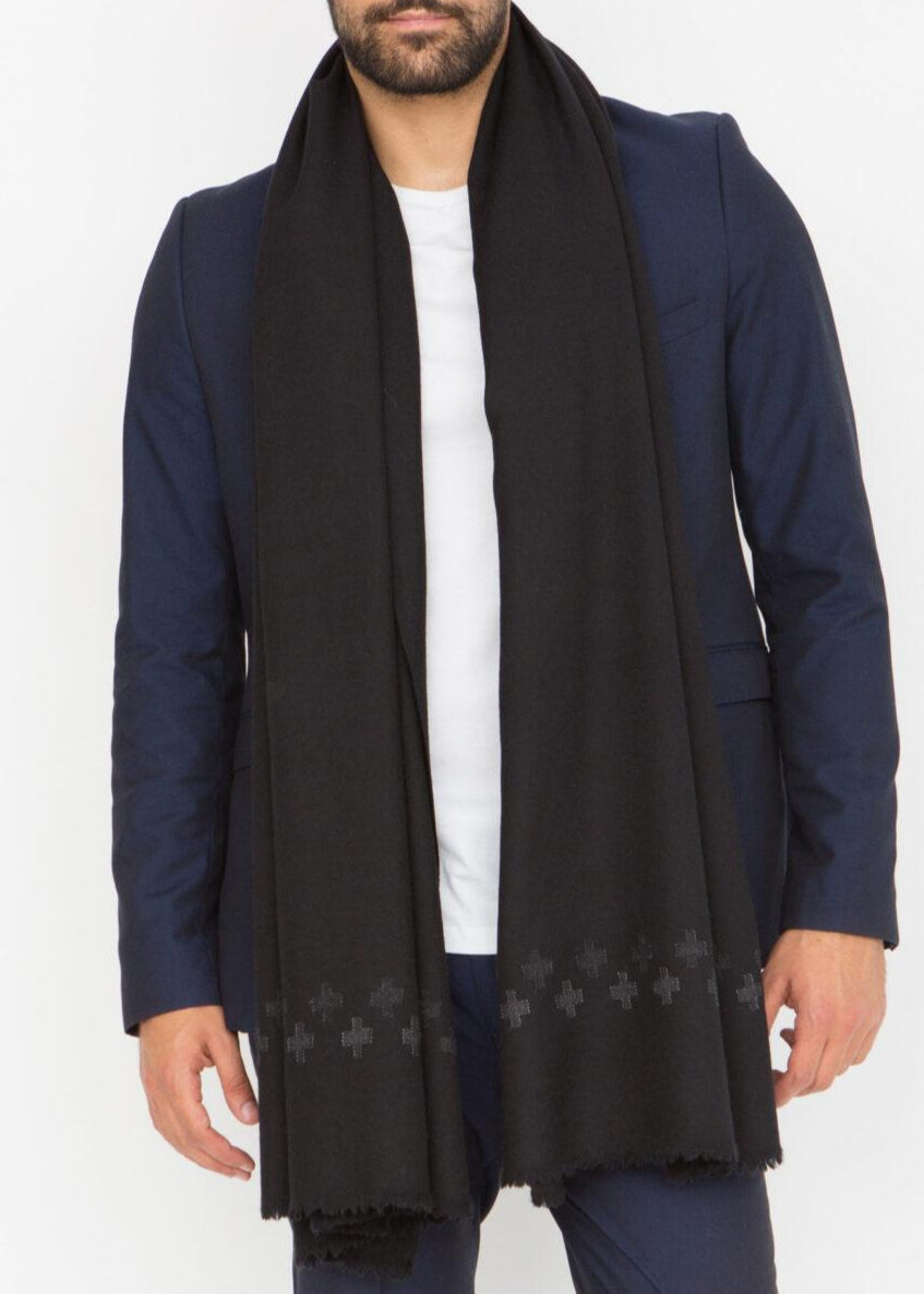 Handwoven Merino Wool Oversize Scarf in Black with Cross Motif - likemary