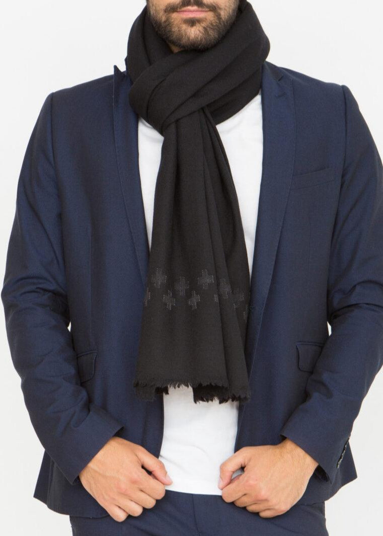 Handwoven Merino Wool Oversize Scarf in Black with Cross Motif - likemary