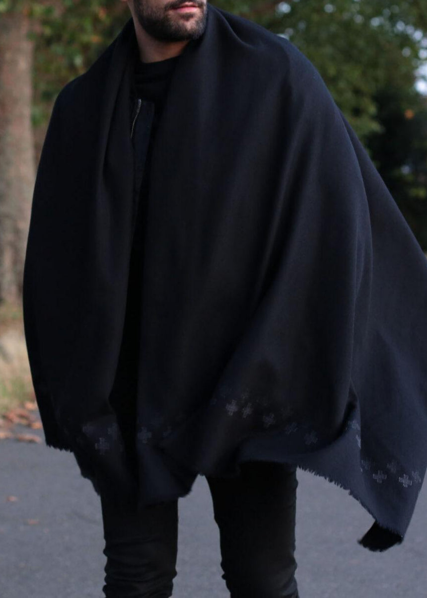 Handwoven Merino Wool Oversize Scarf in Black with Cross Motif - likemary