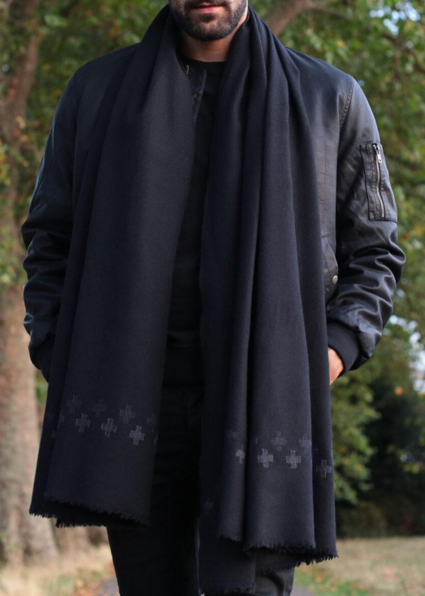 Handwoven Merino Wool Oversize Scarf in Black with Cross Motif - likemary