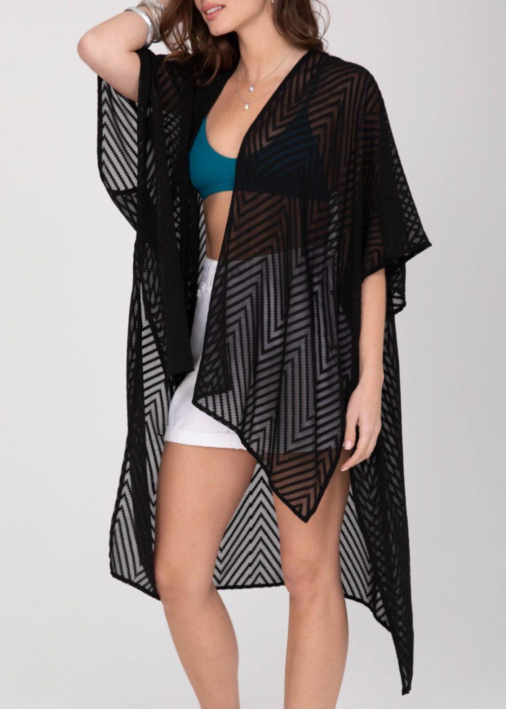 High - Low Sheer Zig - Zag Kimono in Black - likemary