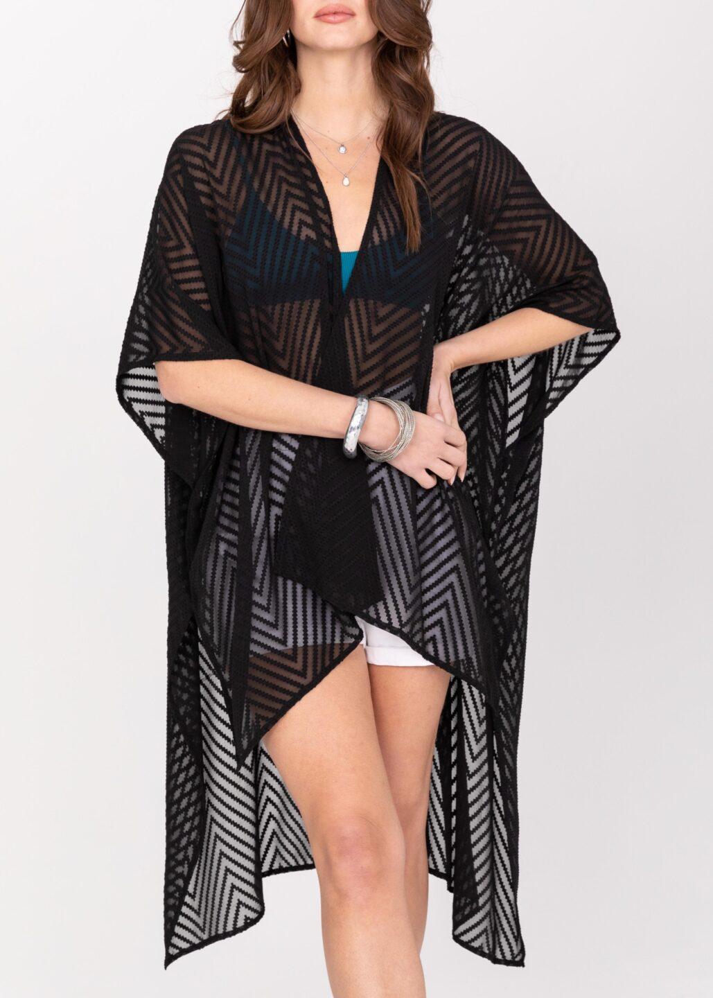 High - Low Sheer Zig - Zag Kimono in Black - likemary