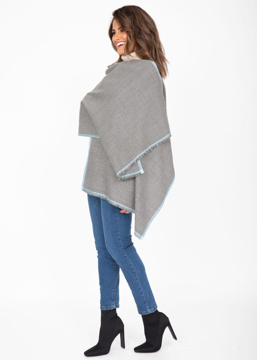 Houndstooth Merino Handwoven Pashmina & Oversize Scarf 60 X 190cm with Crystal Blue - likemary