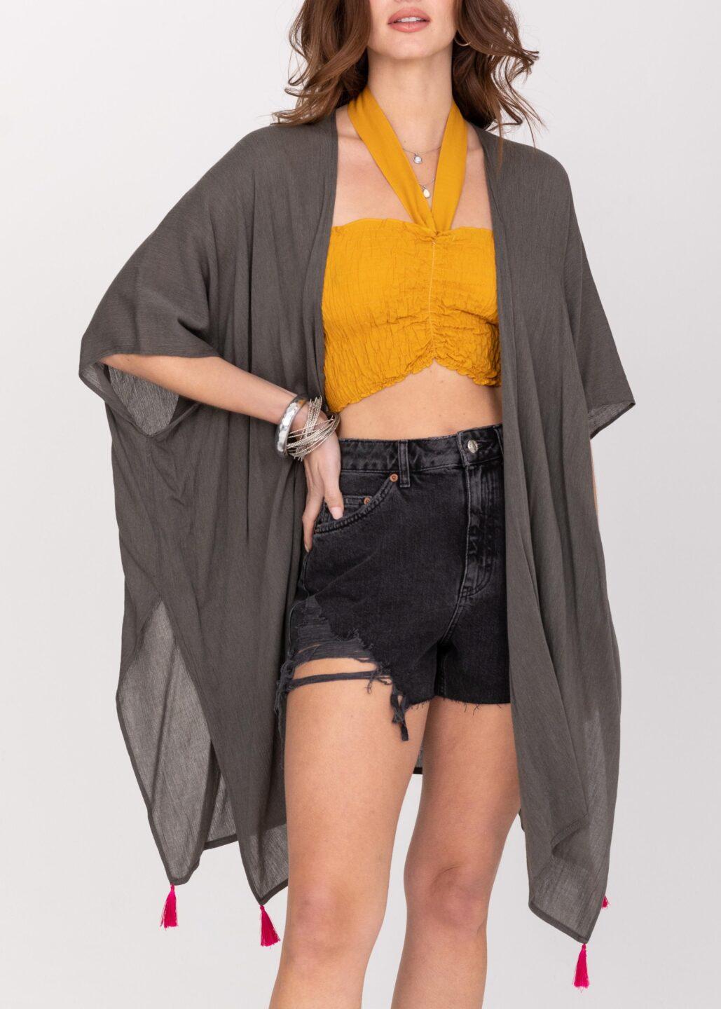 Kimono Beach Cover Up in Grey with Hot Pink Tassels - likemary