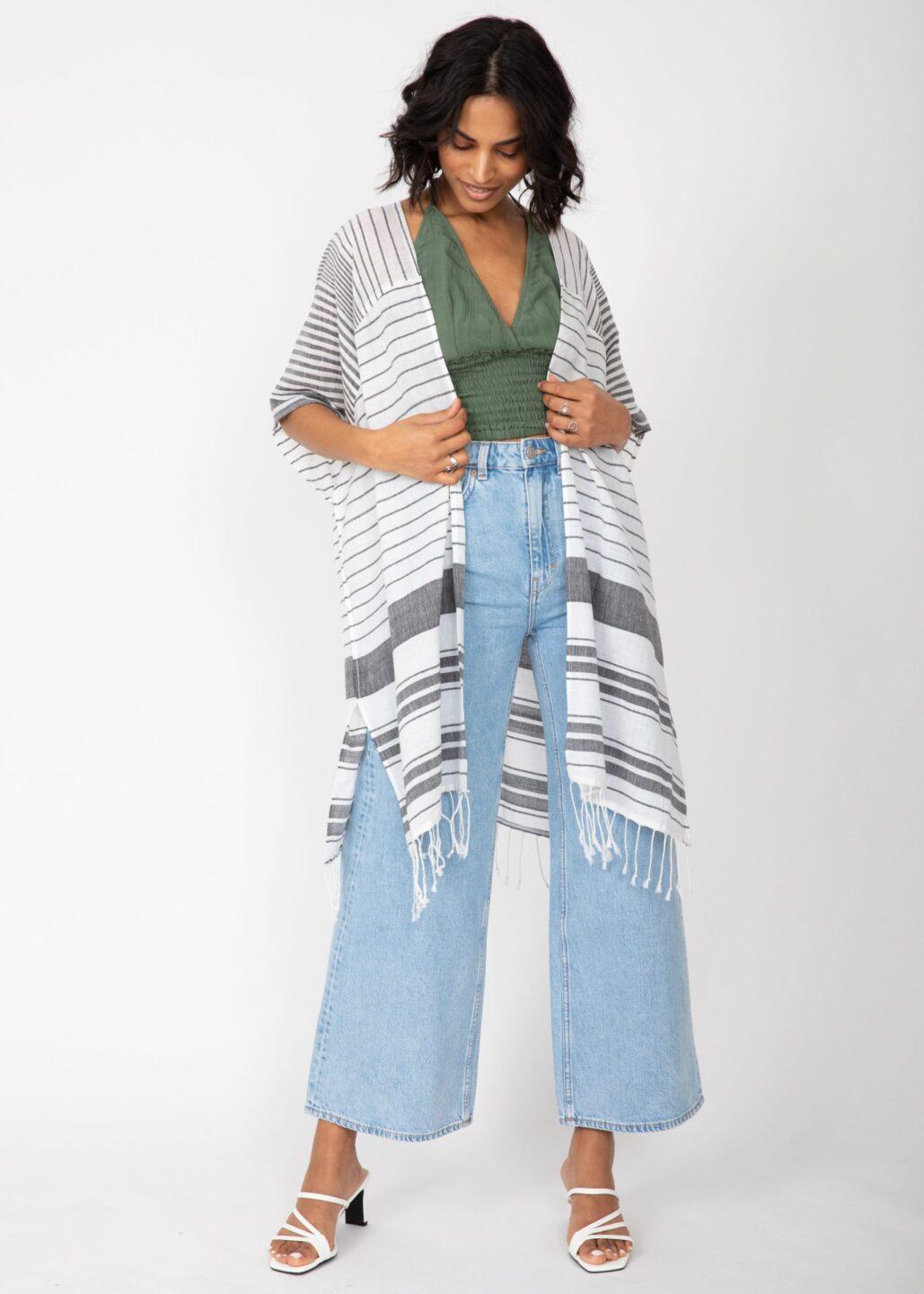 Kimono Cover Cover Up With Tassel Fringe In Stripes - likemary