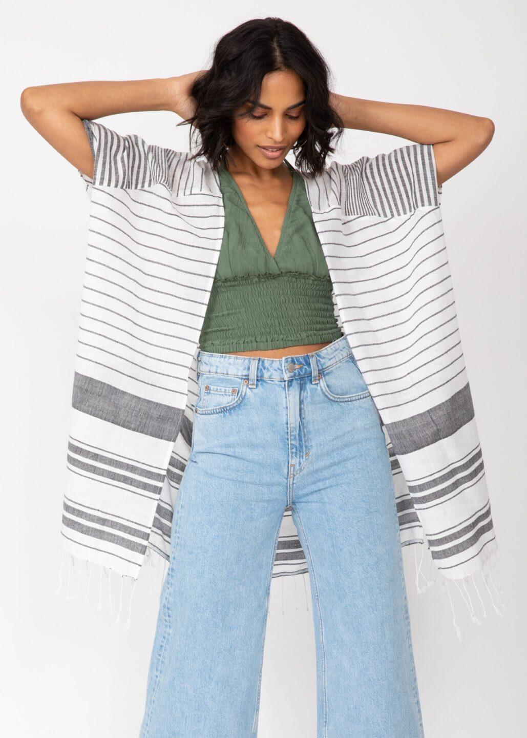 Kimono Cover Cover Up With Tassel Fringe In Stripes - likemary