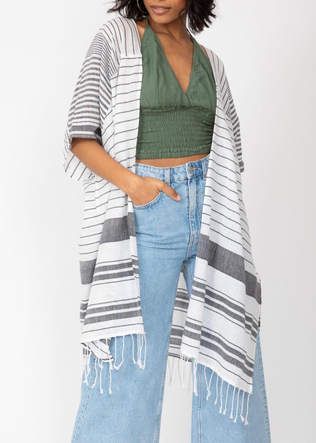 Kimono Cover Cover Up With Tassel Fringe In Stripes - likemary