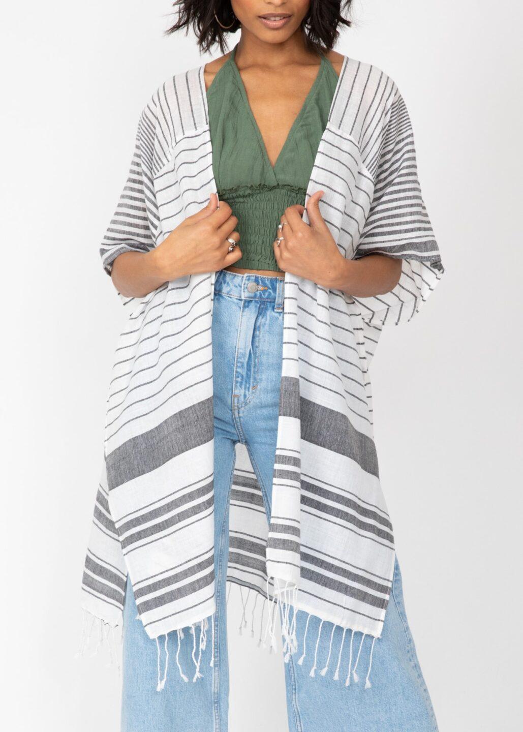 Kimono Cover Cover Up With Tassel Fringe In Stripes - likemary