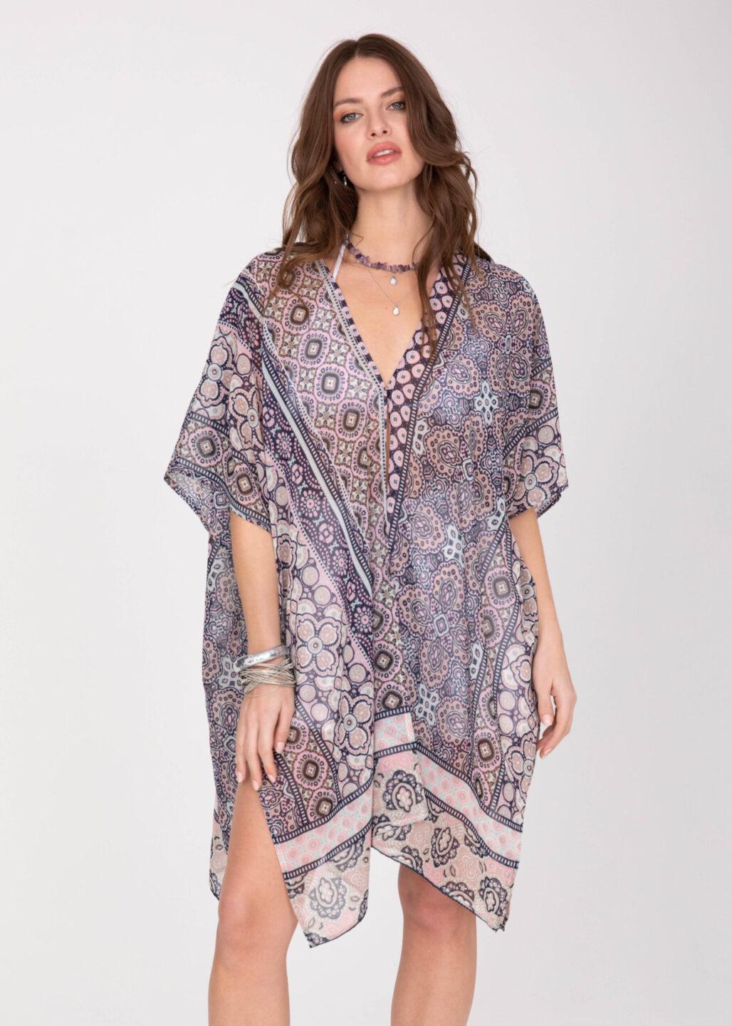 Kimono Cover Up with Belt in Pink Kaleidoscope Print - likemary