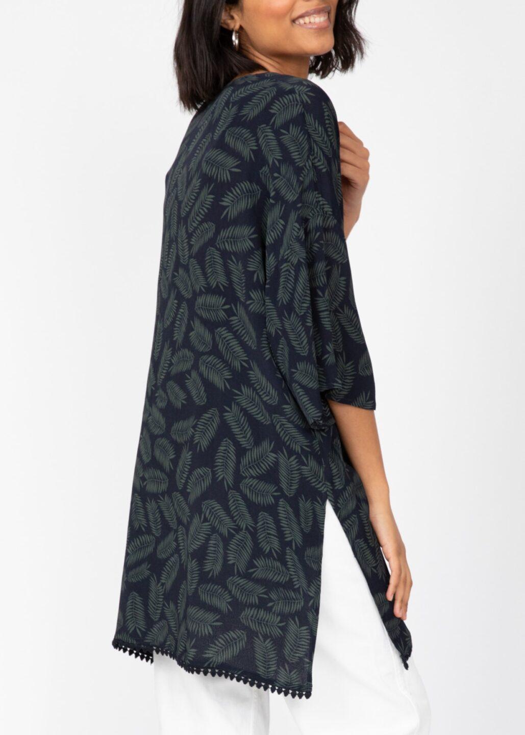 Kimono Cover Up with Lace Trim in Midnight Blue & Green Leaves - likemary