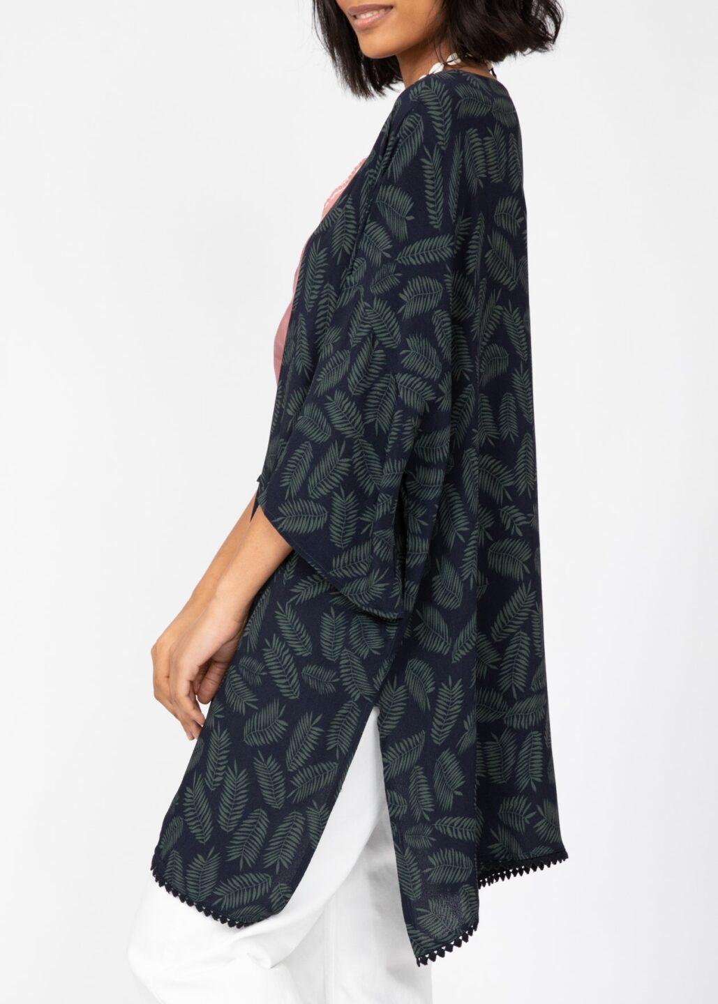 Kimono Cover Up with Lace Trim in Midnight Blue & Green Leaves - likemary