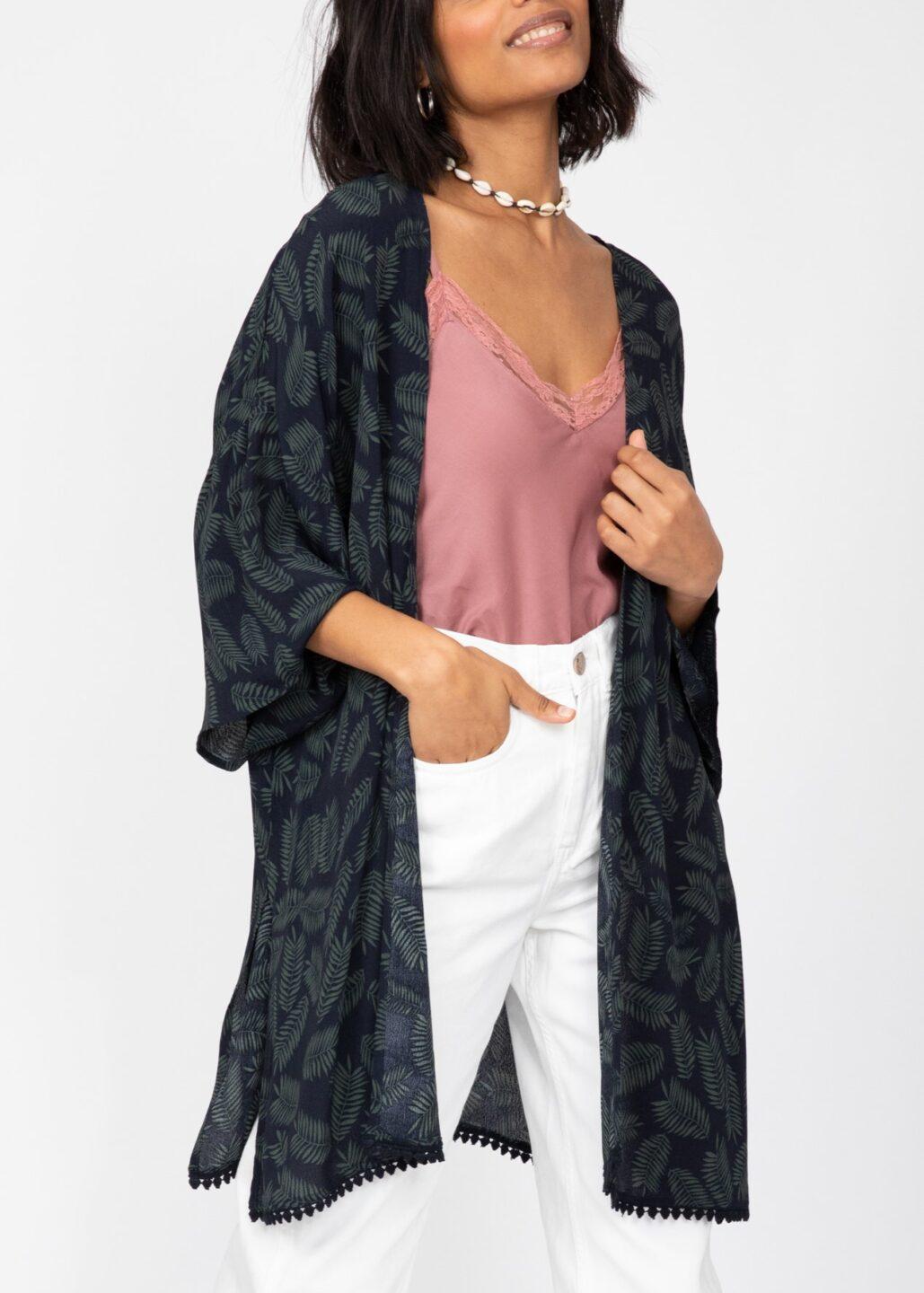 Kimono Cover Up with Lace Trim in Midnight Blue & Green Leaves - likemary