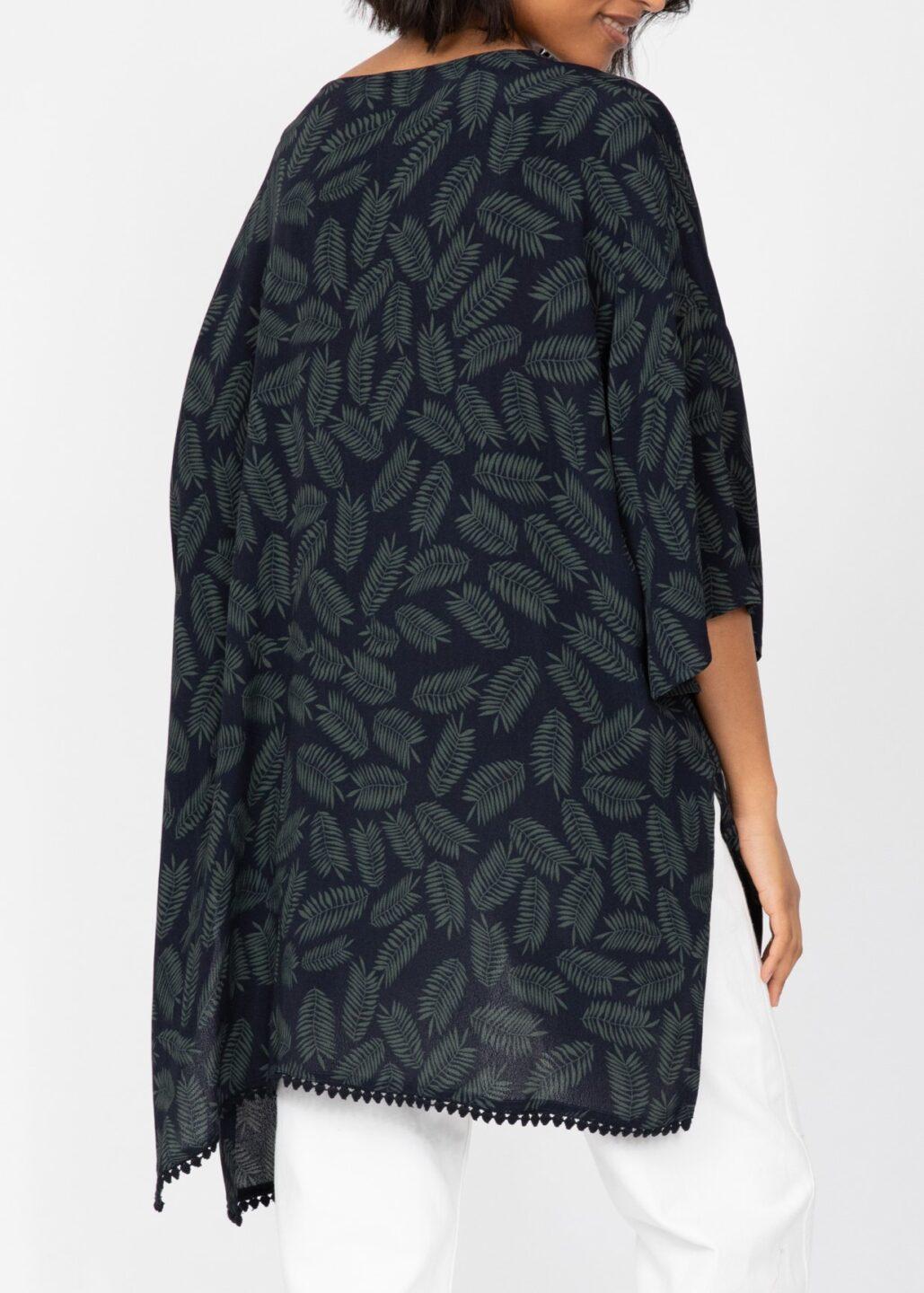 Kimono Cover Up with Lace Trim in Midnight Blue & Green Leaves - likemary