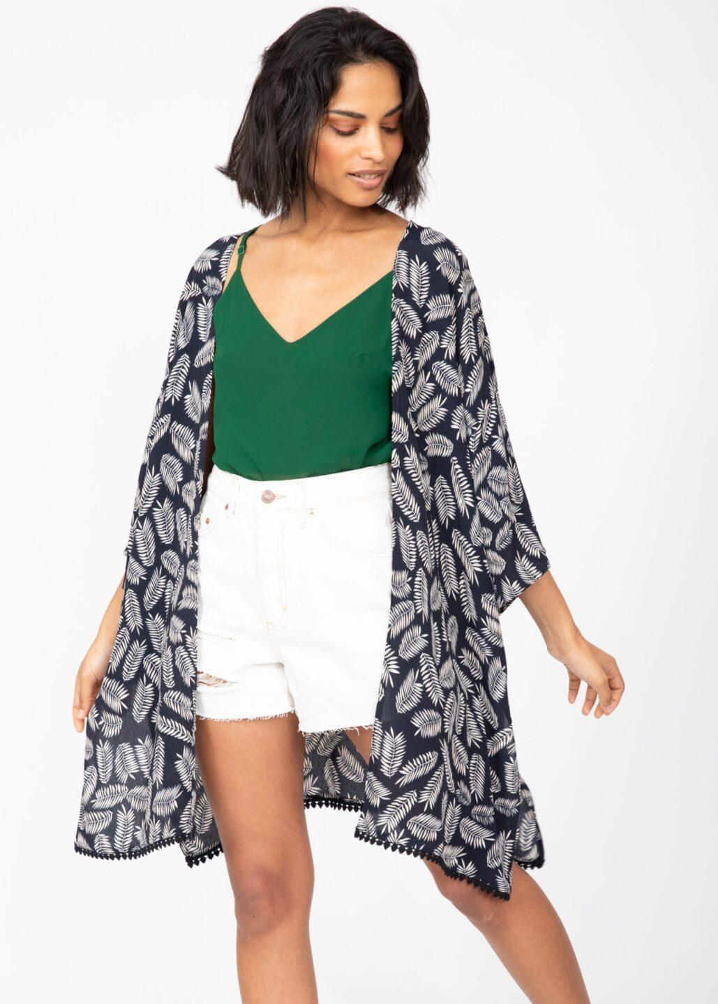 Kimono Cover Up with Lace Trim in Midnight Blue & White Leaves - likemary
