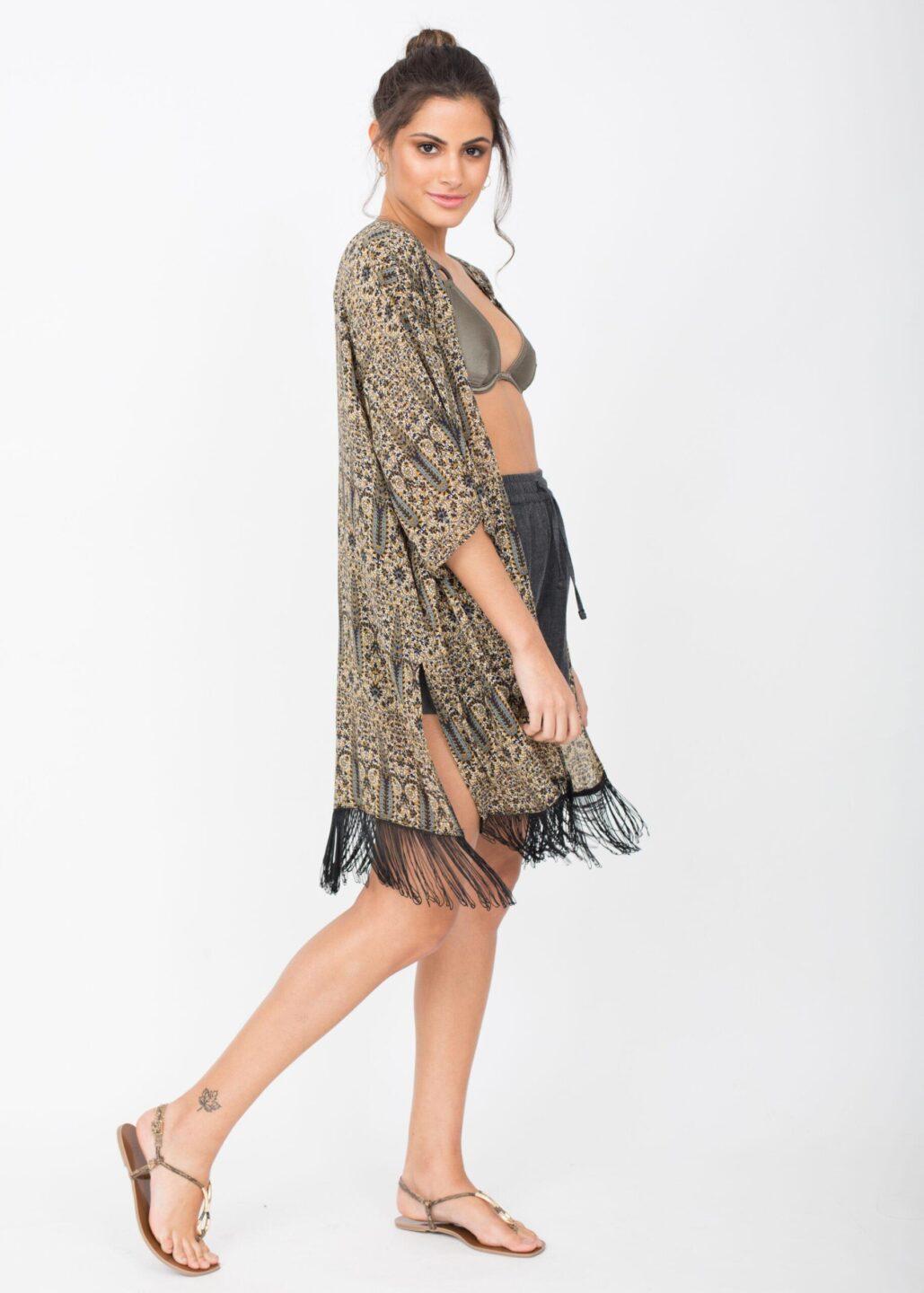 Kimono Cover Up With Tassels Paisely Print - likemary