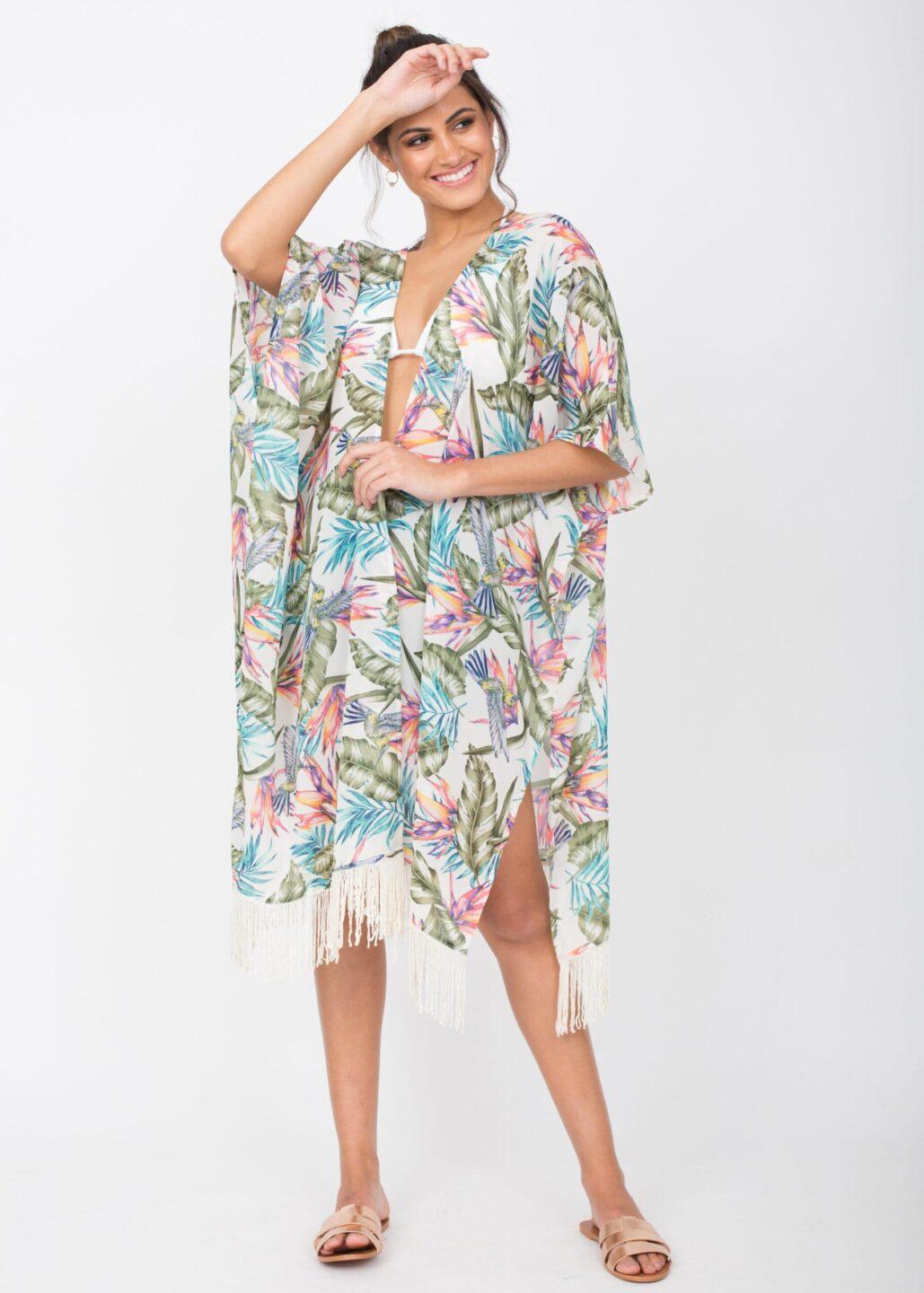 Kimono Cover Up With Tassels Tropical Floral Print White - likemary