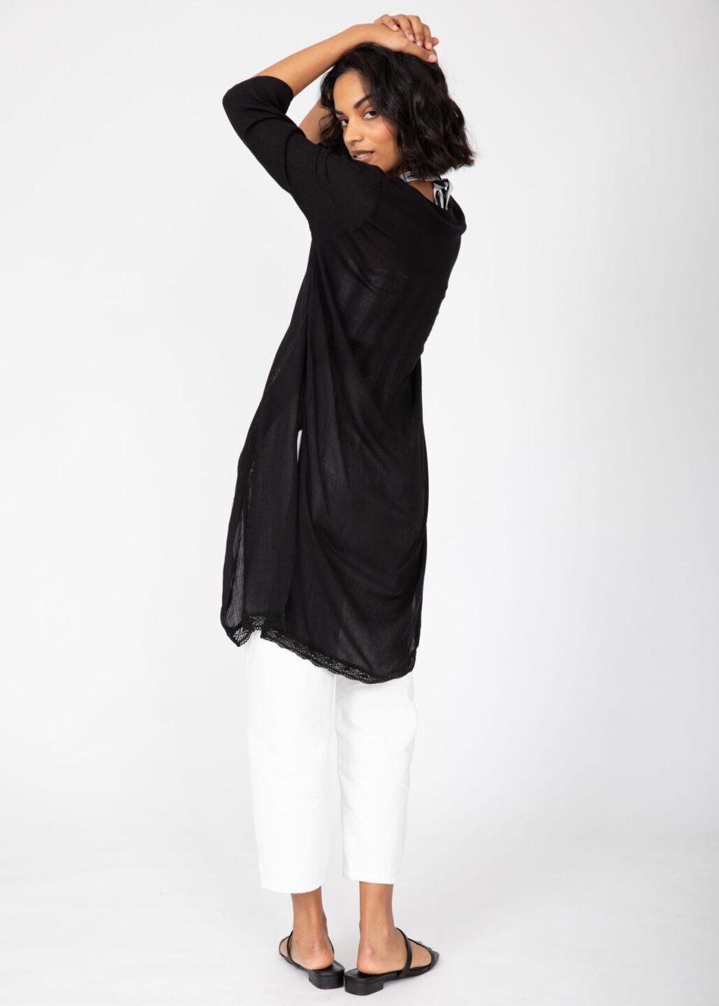 Lace Trim Crinkle Summer Kimono Kaftan Black - likemary