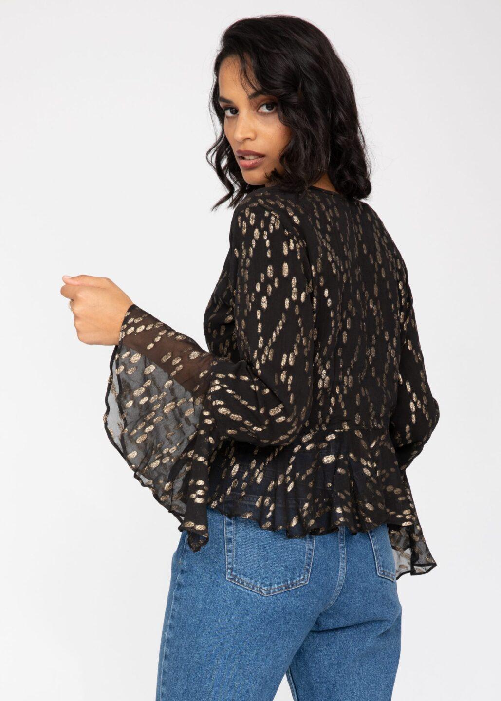 Long Trumpet Sleeve Butterfly Top In Black and Gold - likemary
