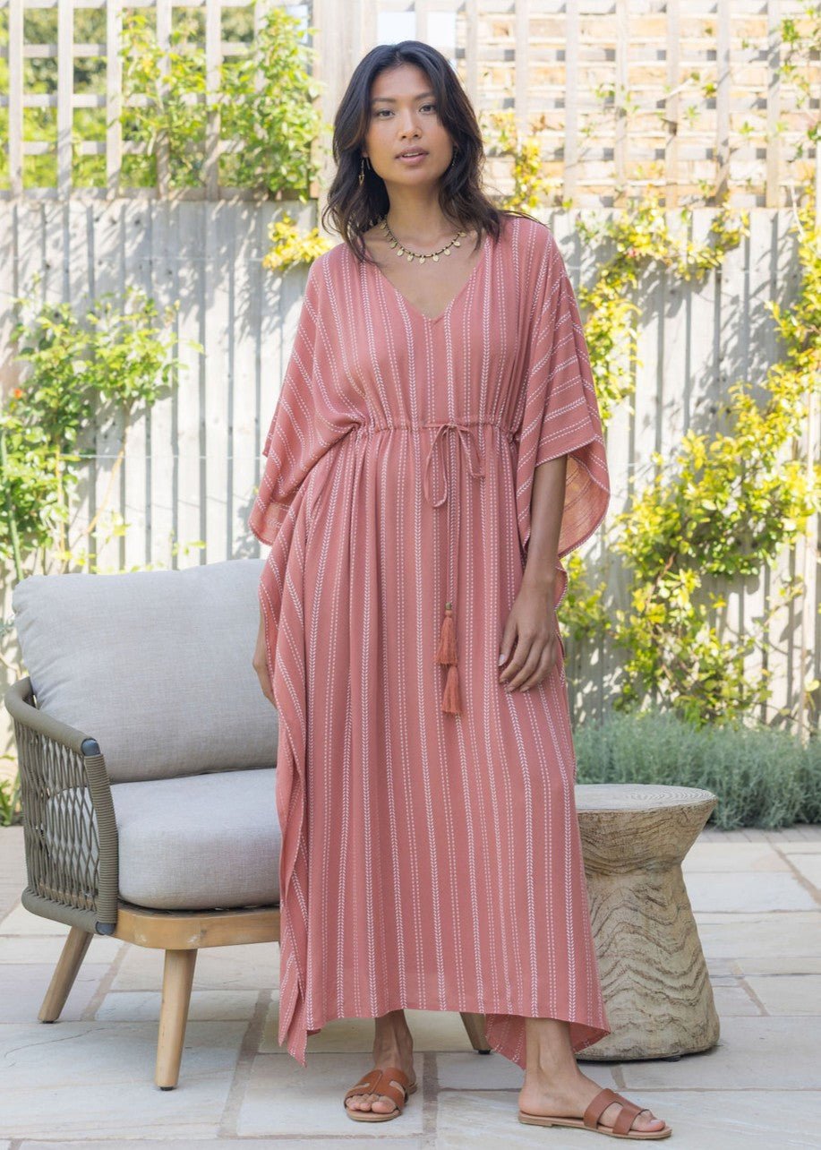 Maxi Kaftan Dress with Pockets in Coral Pink Stripes - likemary