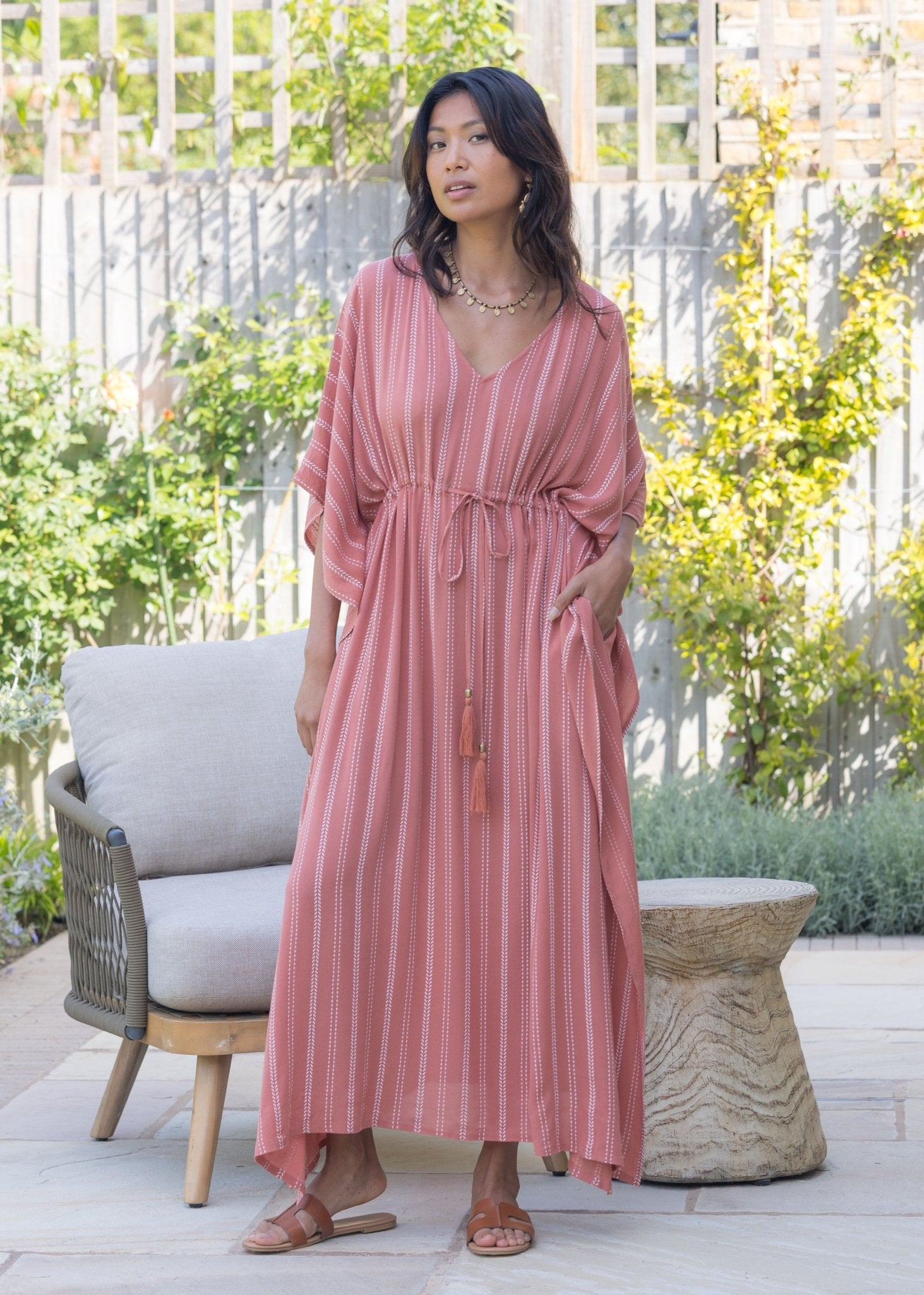 Maxi Kaftan Dress with Pockets in Coral Pink Stripes - likemary