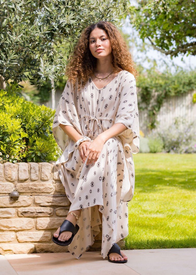 Maxi Kaftan Dress with Pockets in Cream & Ikat Motif - likemary