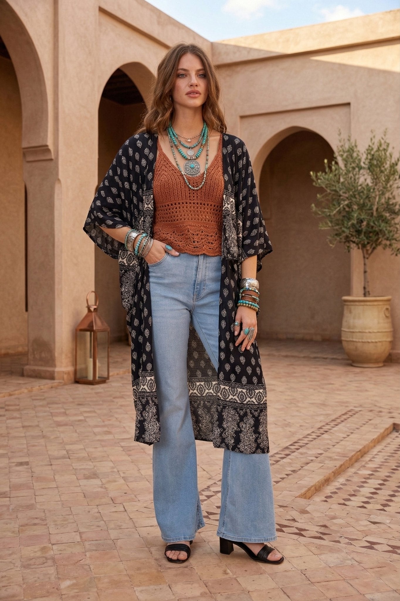 Maxi Kimono Cover Up Black Paisley - likemary