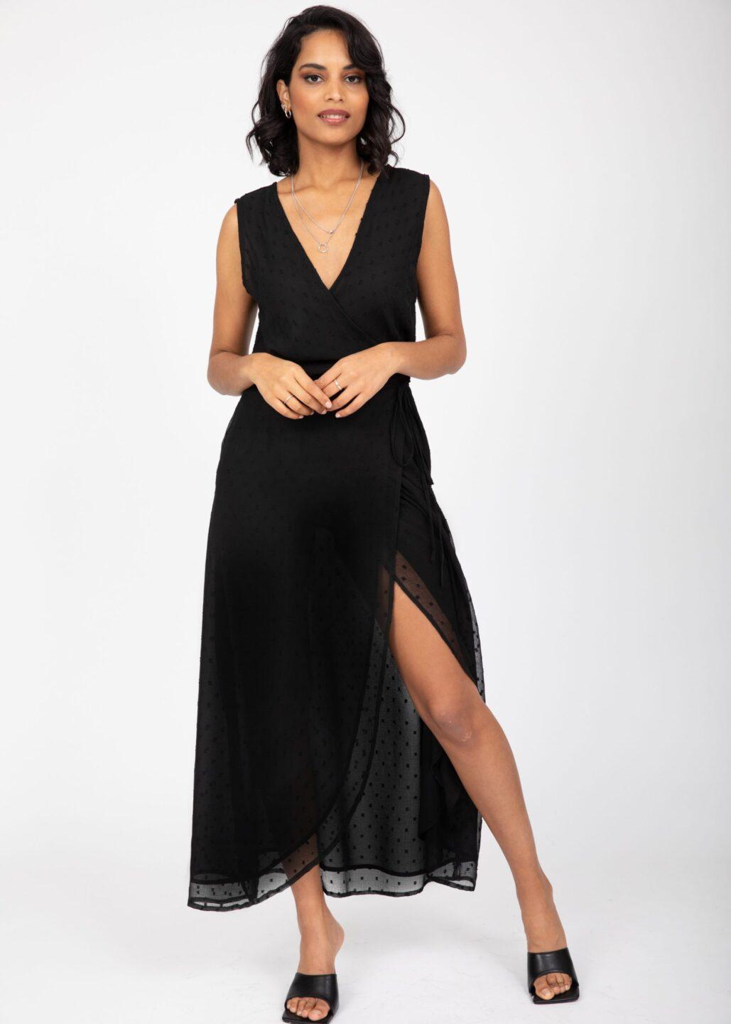 Maxi Wrap Dress with Side Slits in Swiss Dot Black - likemary