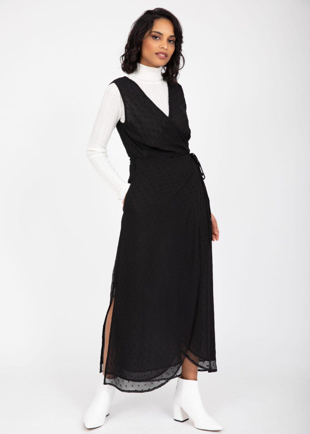Maxi Wrap Dress with Side Slits in Swiss Dot Black - likemary