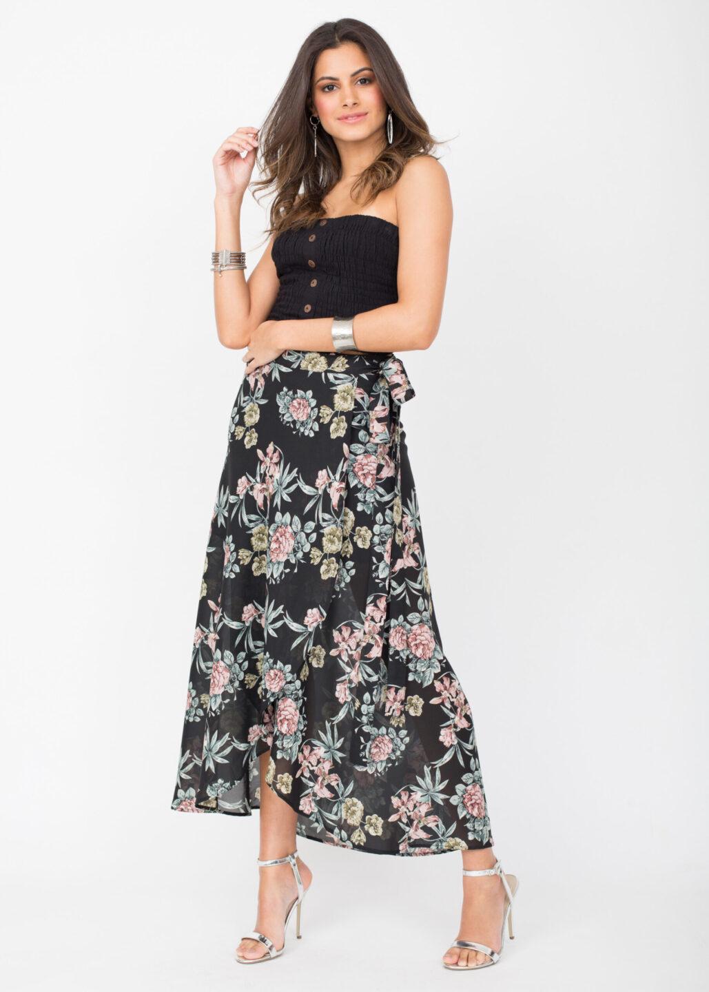 Maxi Wrap Skirt Roses Floral Print Black - likemary