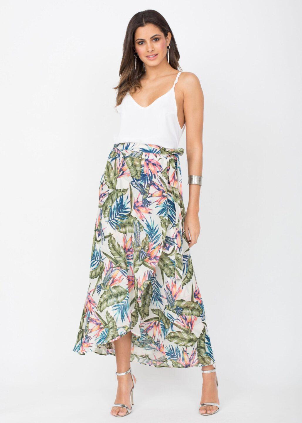 Maxi Wrap Skirt Roses Floral Print White - likemary
