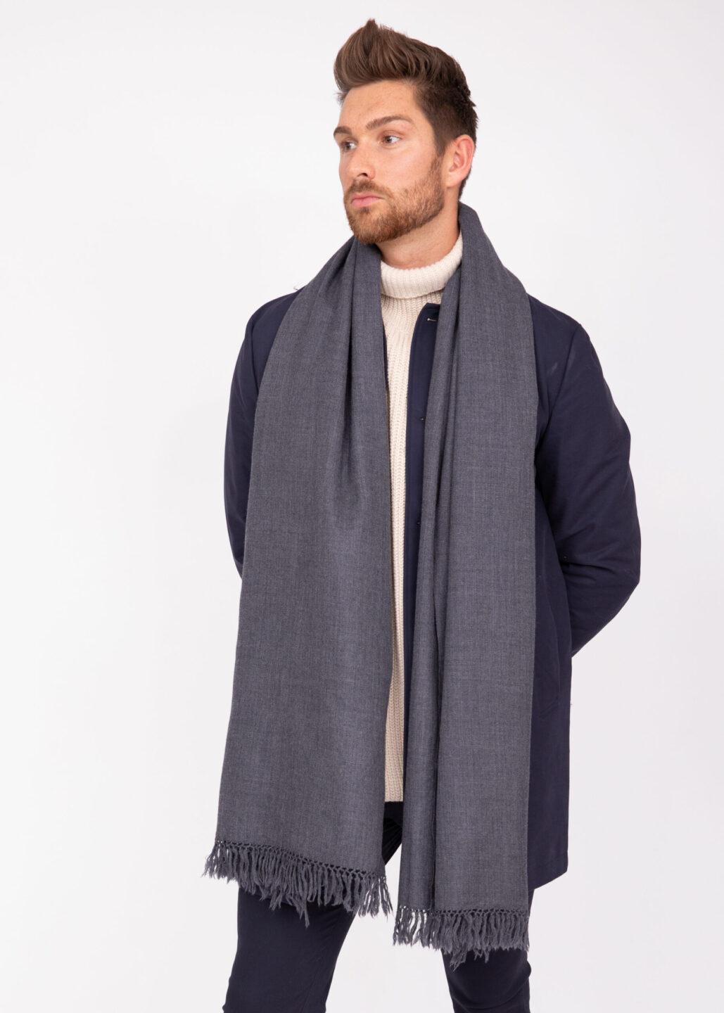 Menâ€™s Oversized Merino Wool Scarf in Charcoal Grey Twill Weave - likemary