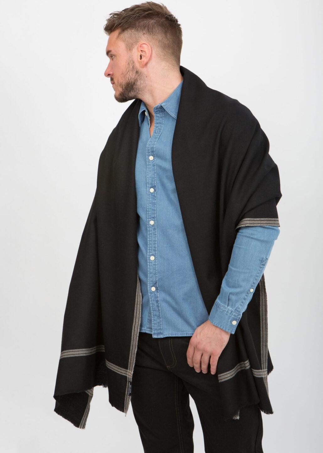 Men's Merino Wool Oversized Black Scarf for Layering & Travel - likemary